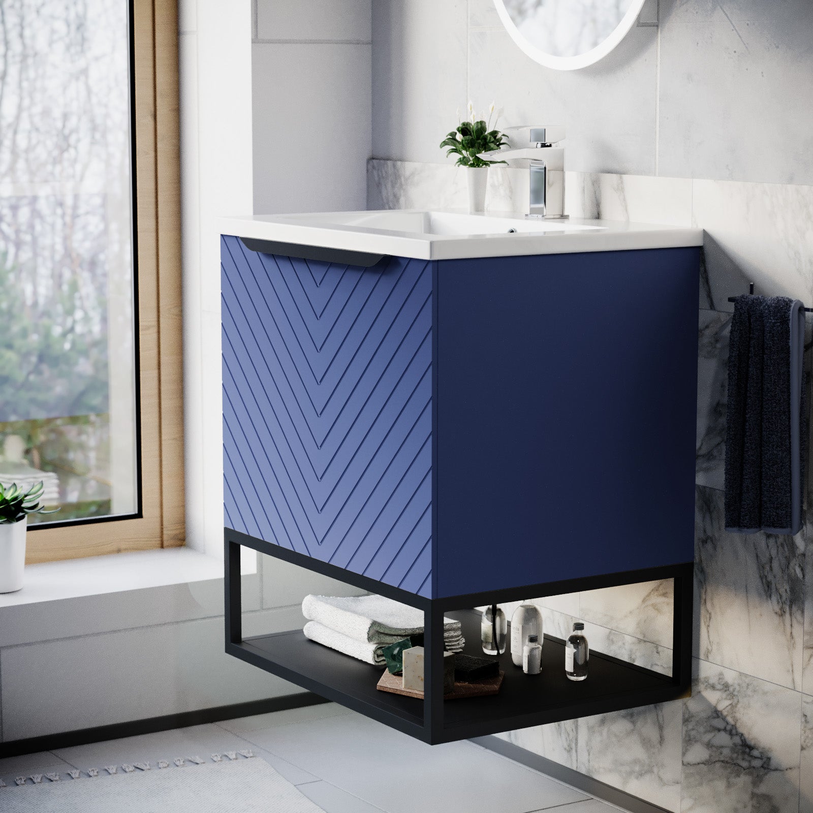 Roxy 600mm Wall Hung Blue Drawers Basin Vanity Black Frame & Handle