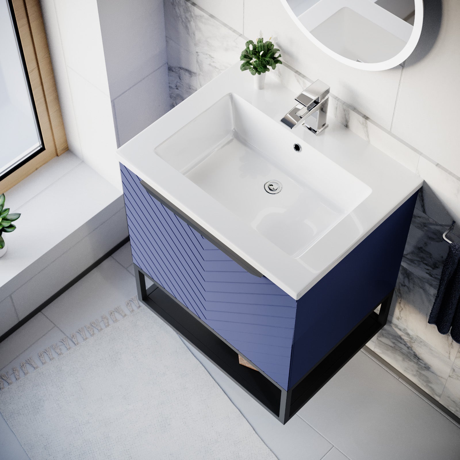 Roxy 600mm Wall Hung Blue Drawers Basin Vanity Black Frame & Handle