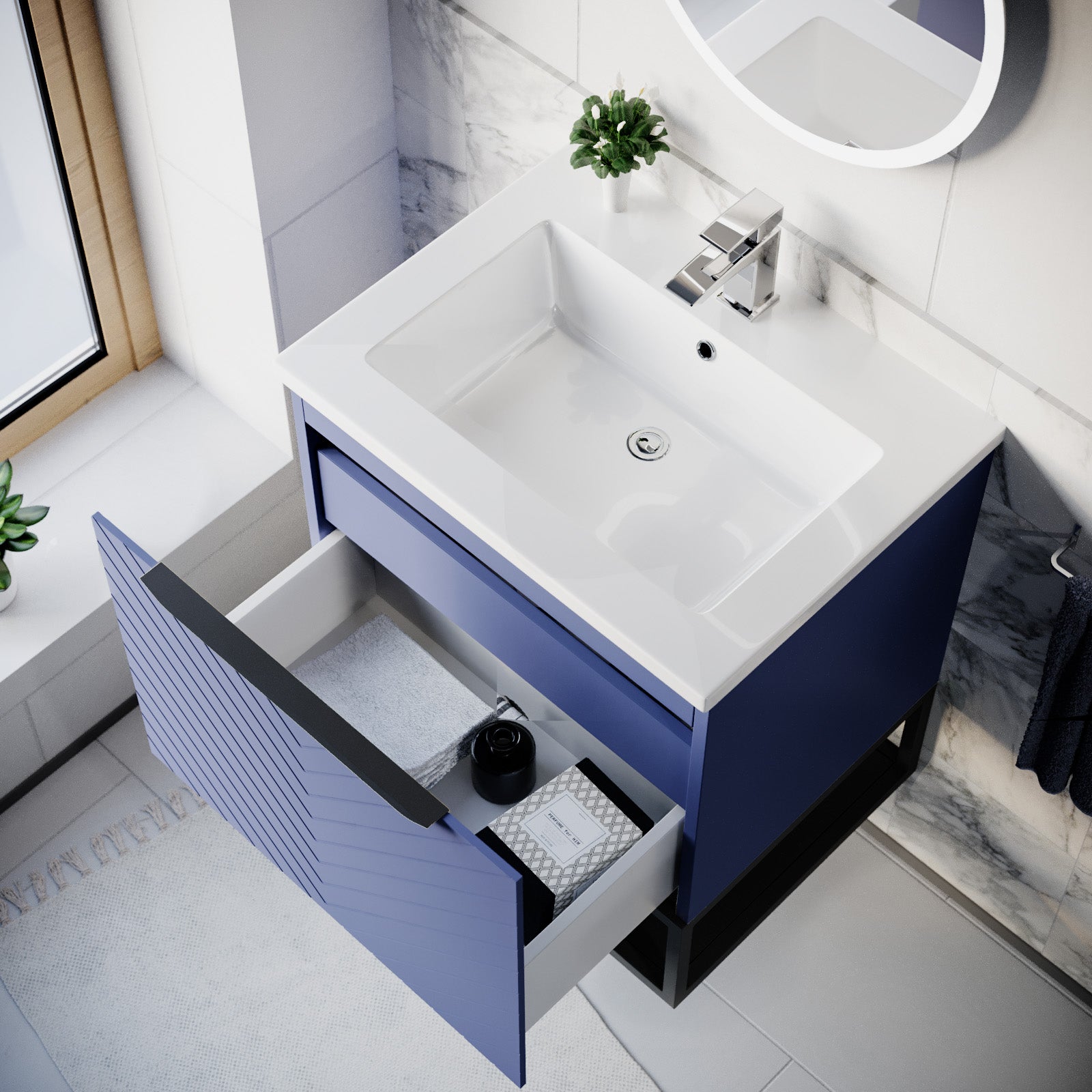 Roxy 600mm Wall Hung Blue Drawers Basin Vanity Black Frame & Handle