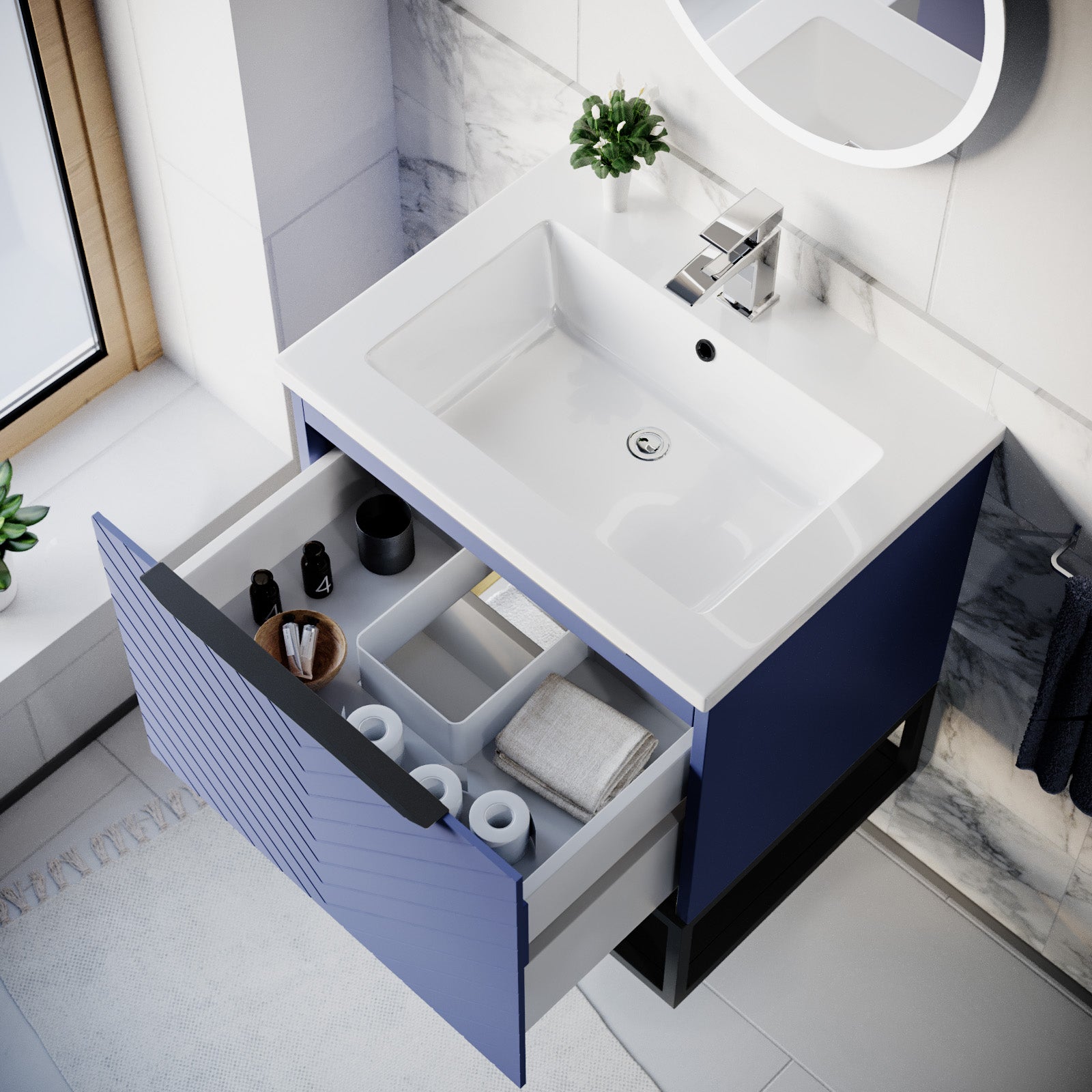Roxy Blue 600mm Basin Vanity With Black Frame & Close Coupled Toilet