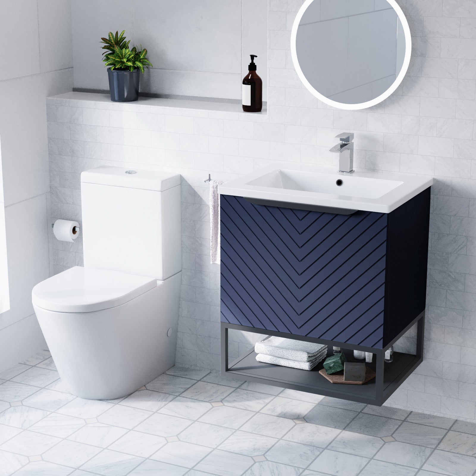 Roxy Blue 600mm Basin Vanity With Black Frame & Close Coupled Toilet