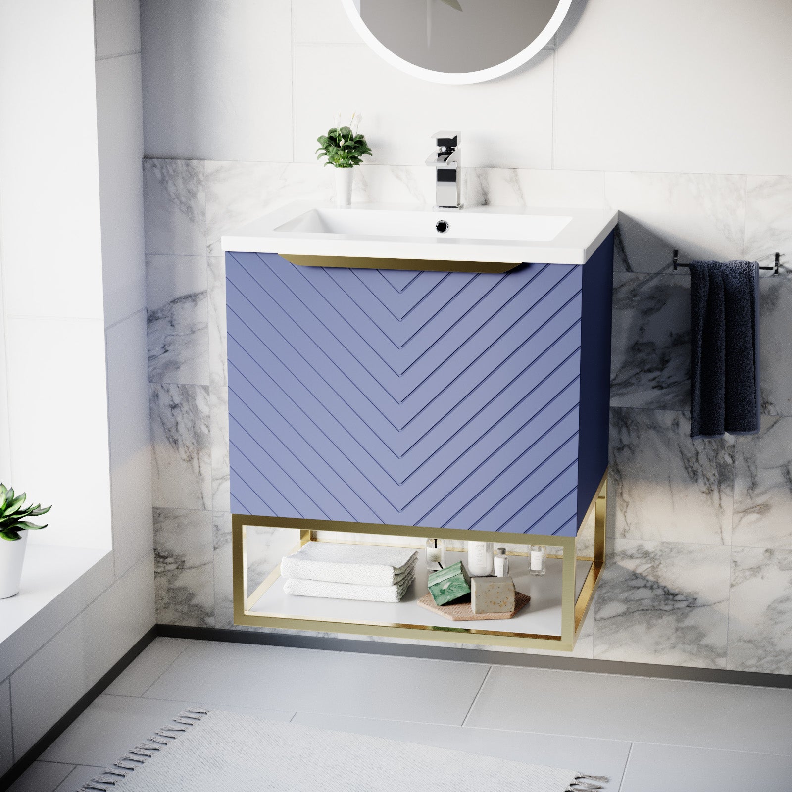 Roxy 600mm Wall Hung Blue Drawers Basin Vanity Brushed Brass Frame & Handle