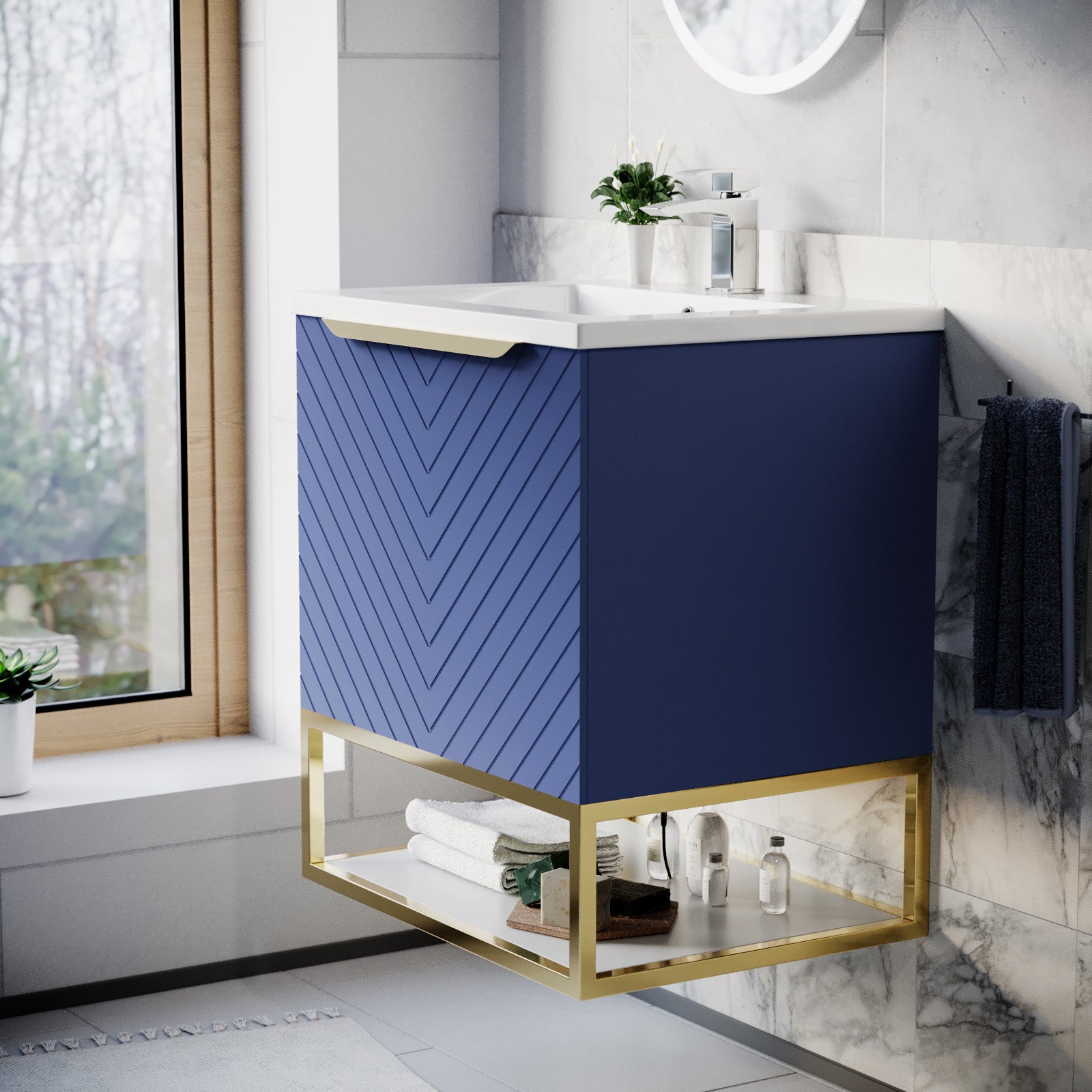 Roxy 600mm Wall Hung Blue Drawers Basin Vanity Brushed Brass Frame & Handle