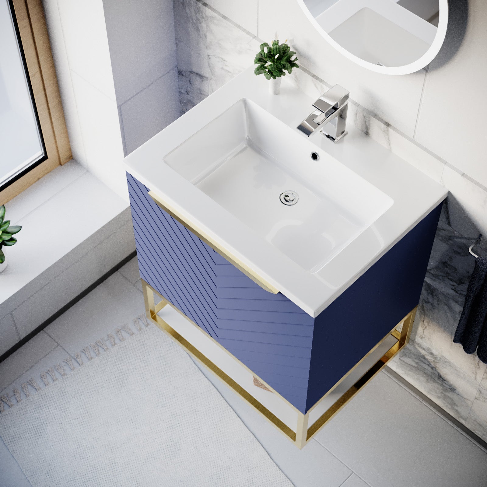 Roxy 600mm Wall Hung Blue Drawers Basin Vanity Brushed Brass Frame & Handle