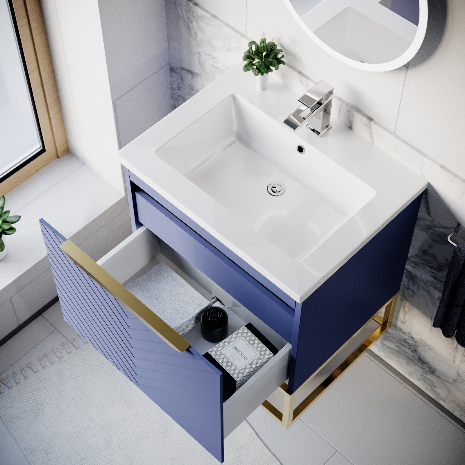 Roxy 600mm Wall Hung Blue Drawers Basin Vanity Brushed Brass Frame & Handle