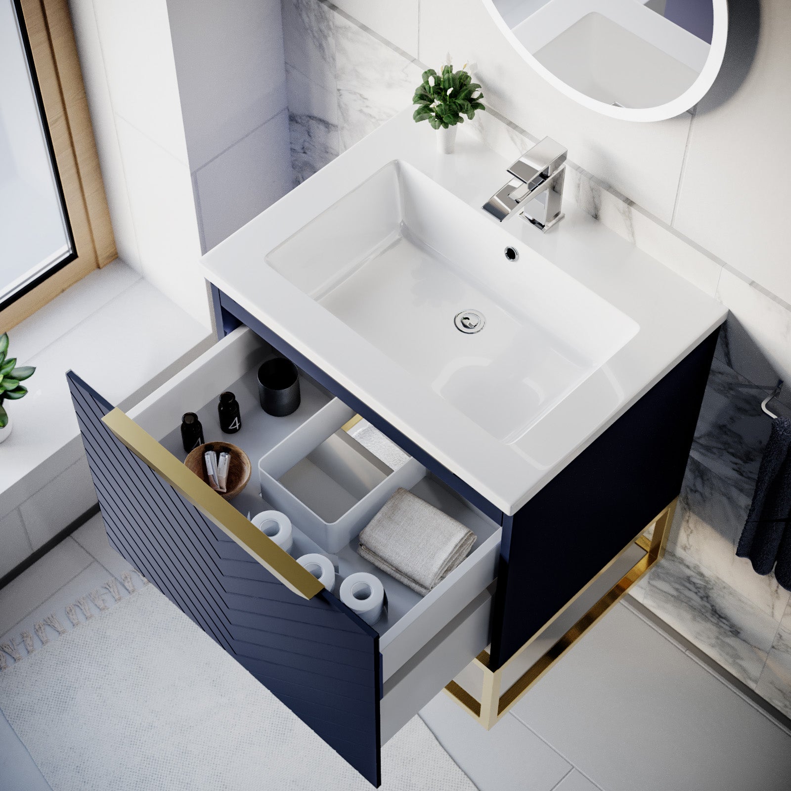 Roxy 600mm Wall Hung Blue Drawers Basin Vanity Brushed Brass Frame & Handle