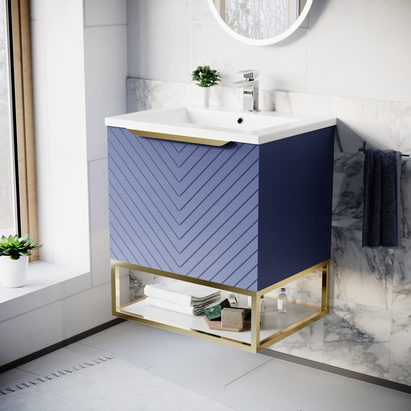 Roxy 600mm Wall Hung Blue Drawers Basin Vanity Brushed Brass Frame & Handle