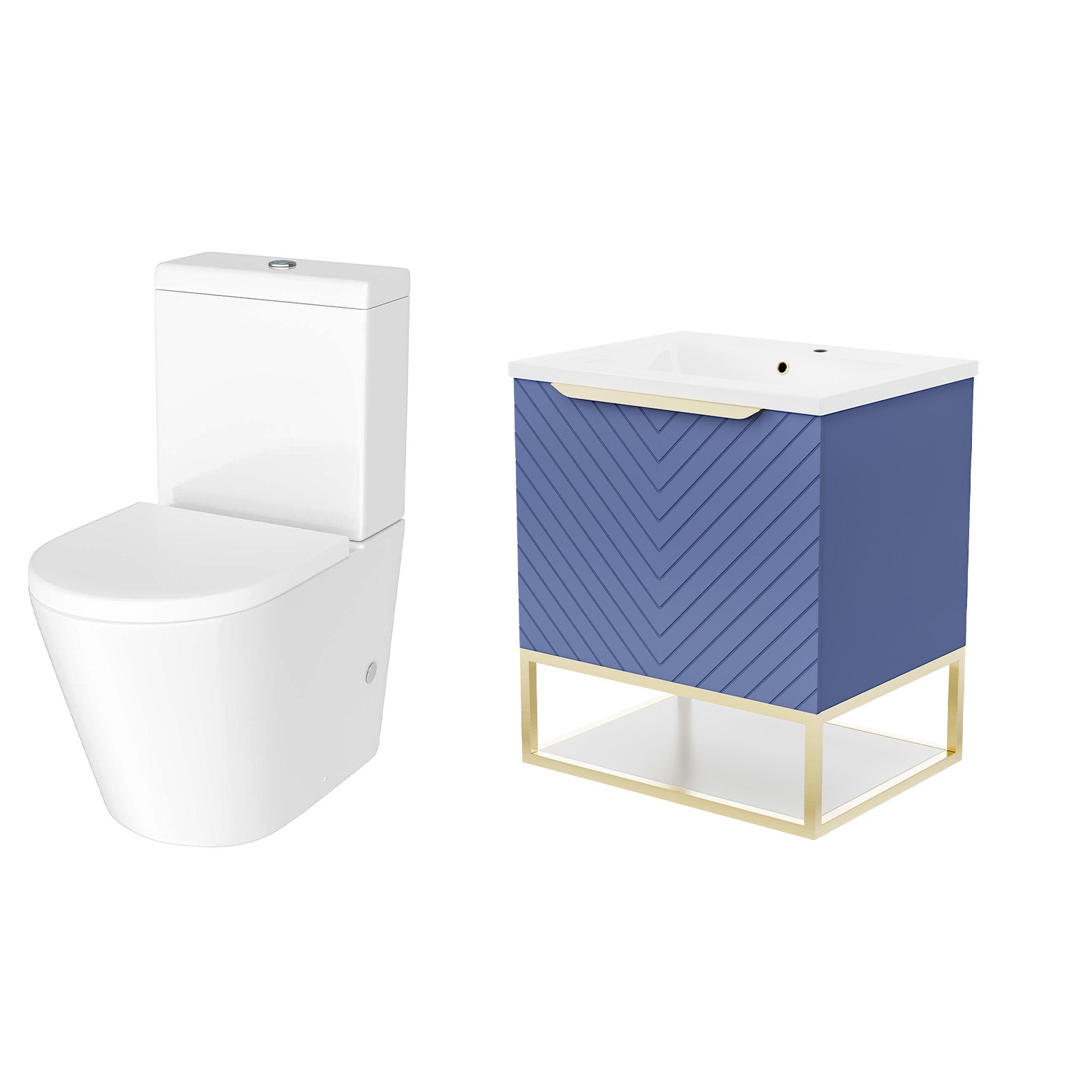 Roxy Blue 600mm Wall Hung Basin Vanity Brushed Brass Frame Handle & Toilet
