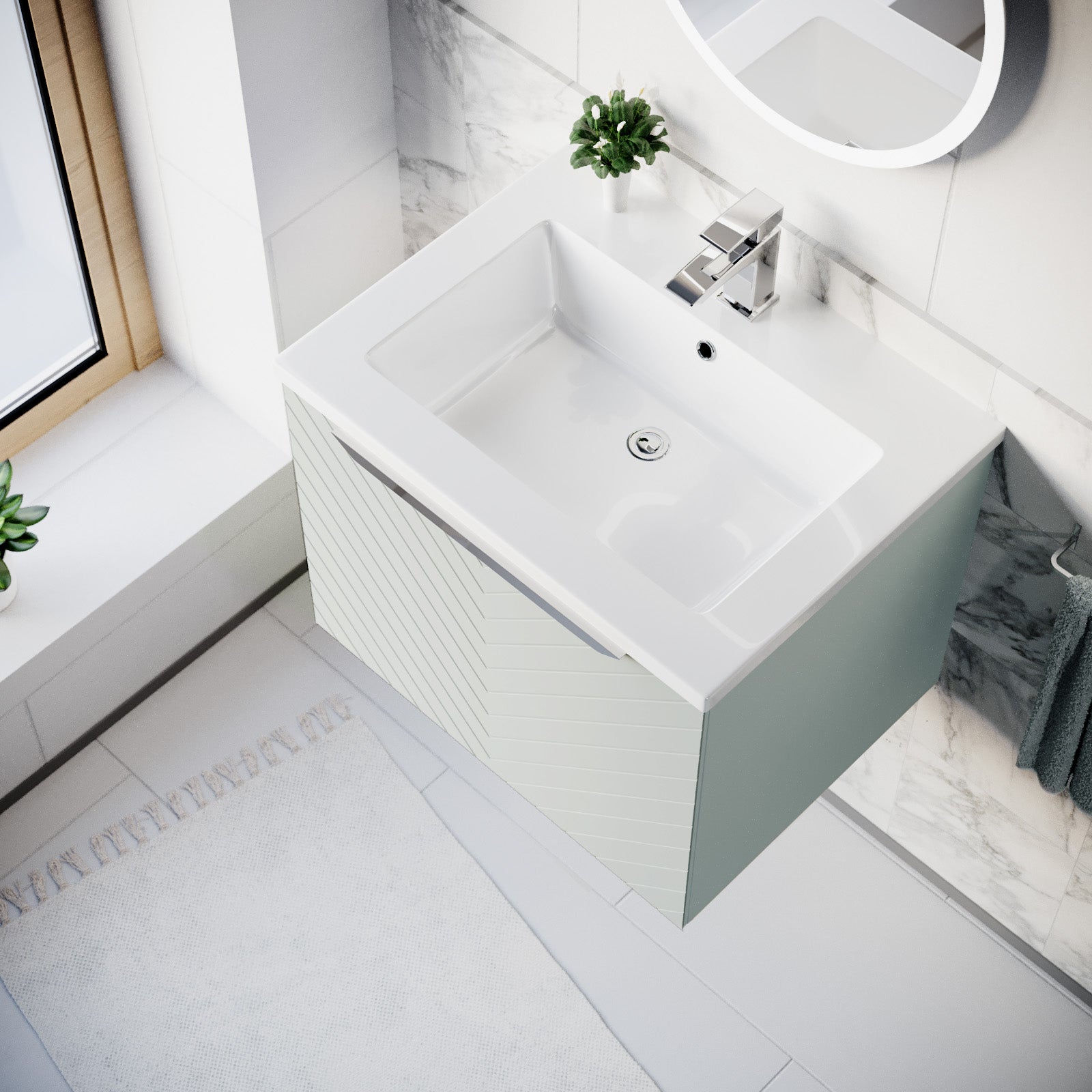 600mm Wall Hung Vanity Double Drawers Matte Green with Basin and Silver Handle