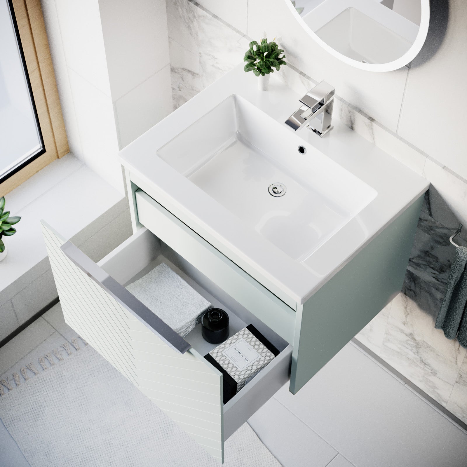 600mm Wall Hung Vanity Double Drawers Matte Green with Basin and Silver Handle