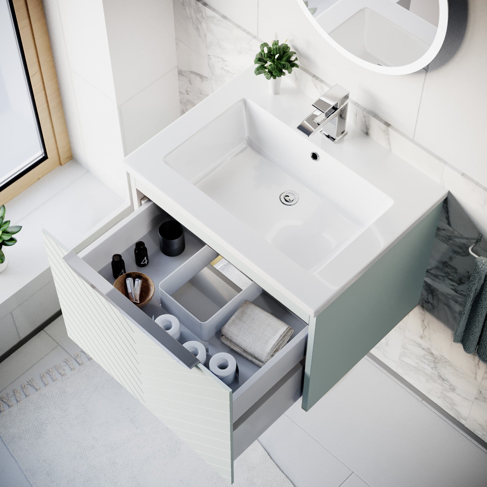 600mm Wall Hung Vanity Double Drawers Matte Green with Basin and Silver Handle
