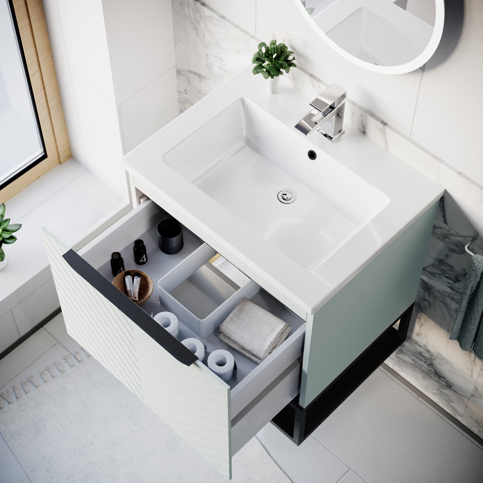 Roxy Green 600mm Basin Vanity With Black Frame & Close Coupled Toilet