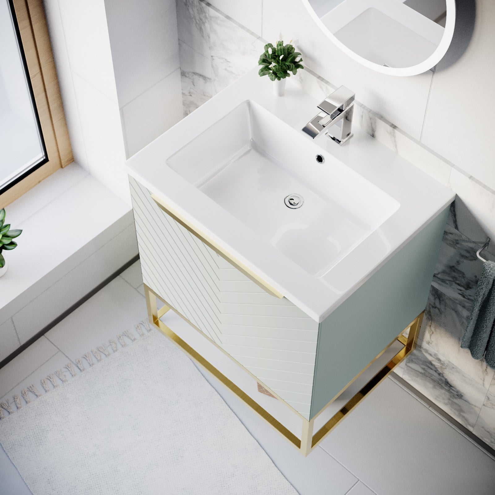 Roxy 600mm Wall Hung Green Drawers Basin Vanity Brushed Brass Frame & Handle