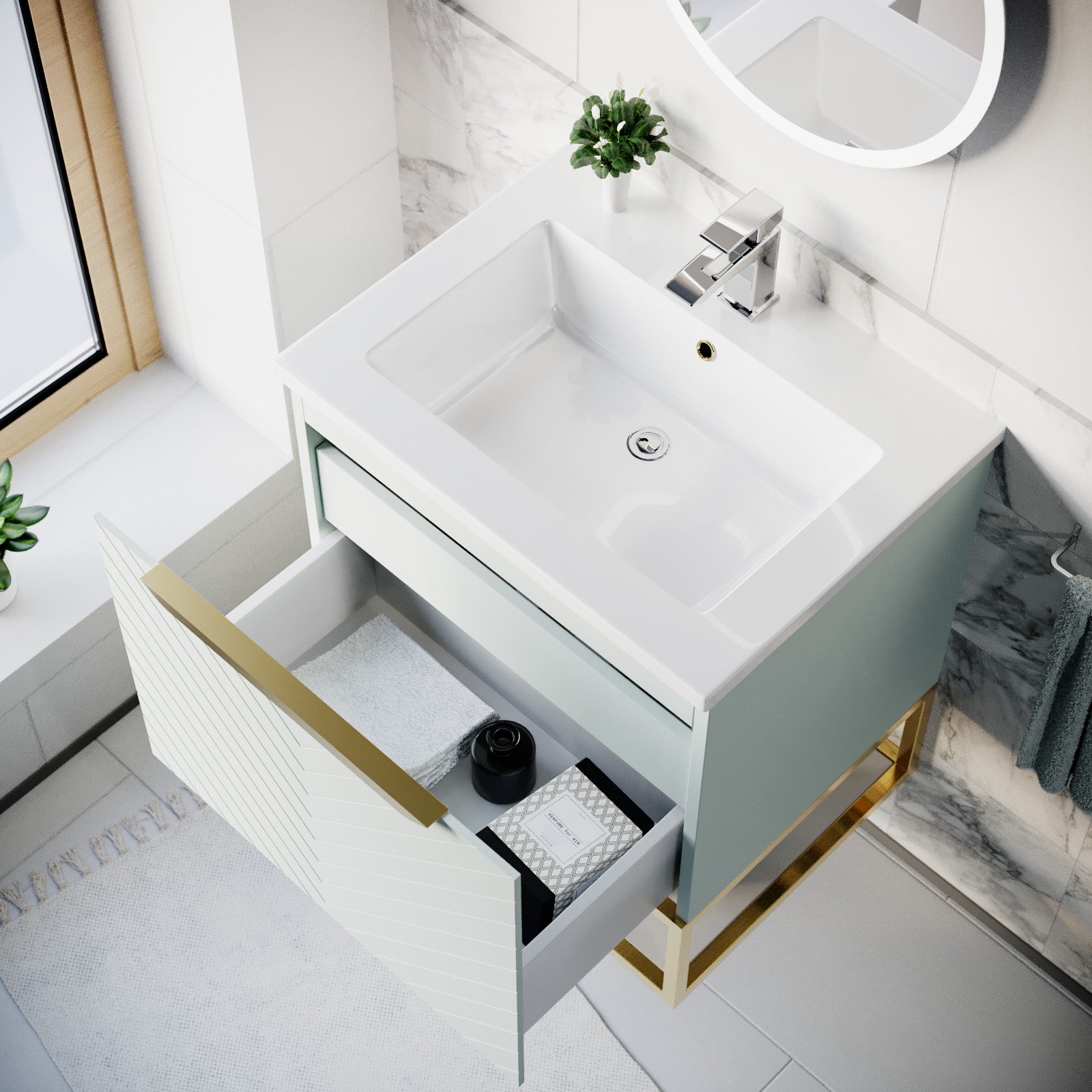 Roxy Green 600mm Basin Vanity Brushed Brass Frame & Close Coupled Toilet