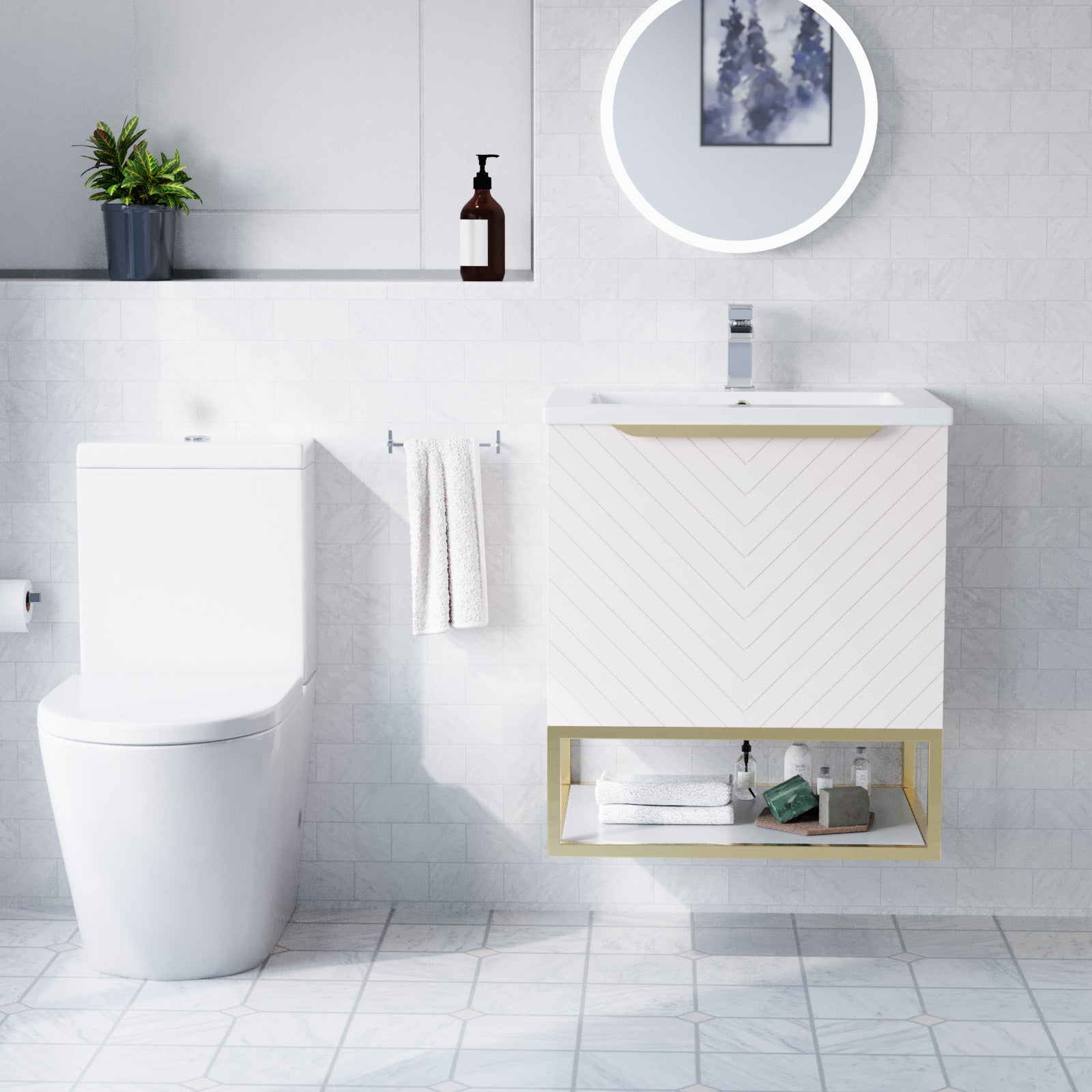 Roxy Pink 600mm Wall Hung Basin Vanity Brushed Brass Frame Handle & Closed Coupled Toilet