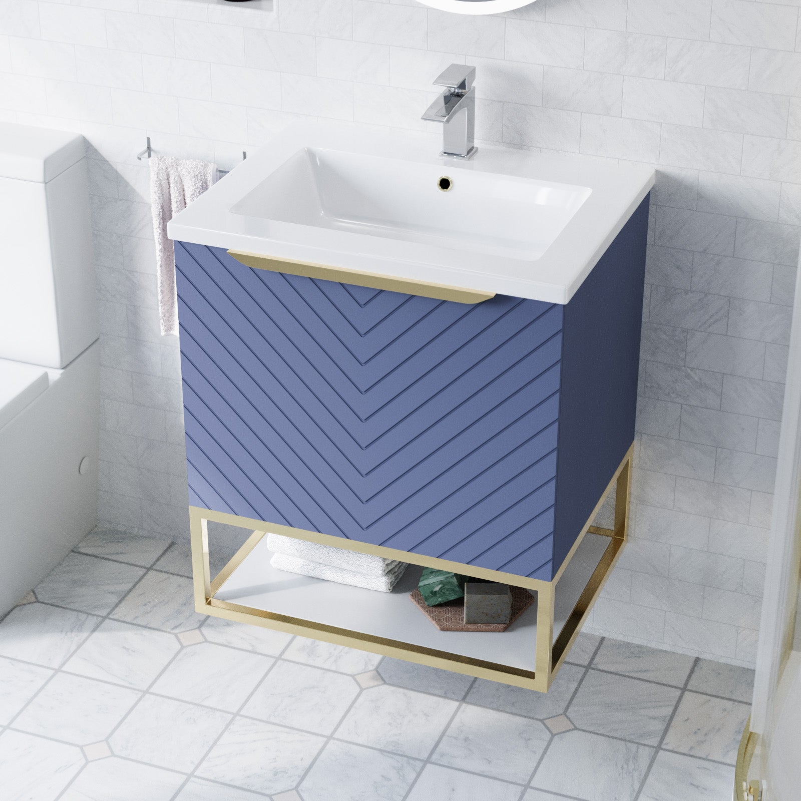 Roxy Blue 600mm Basin Vanity, Brushed Brass Quadrant Shower & Toilet