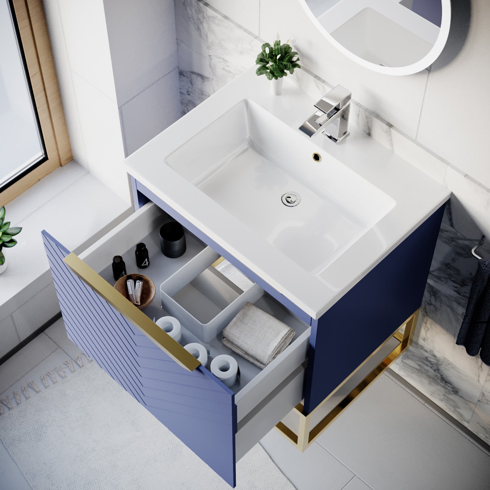 Roxy Blue 600mm Basin Vanity, Brushed Brass Quadrant Shower & Toilet