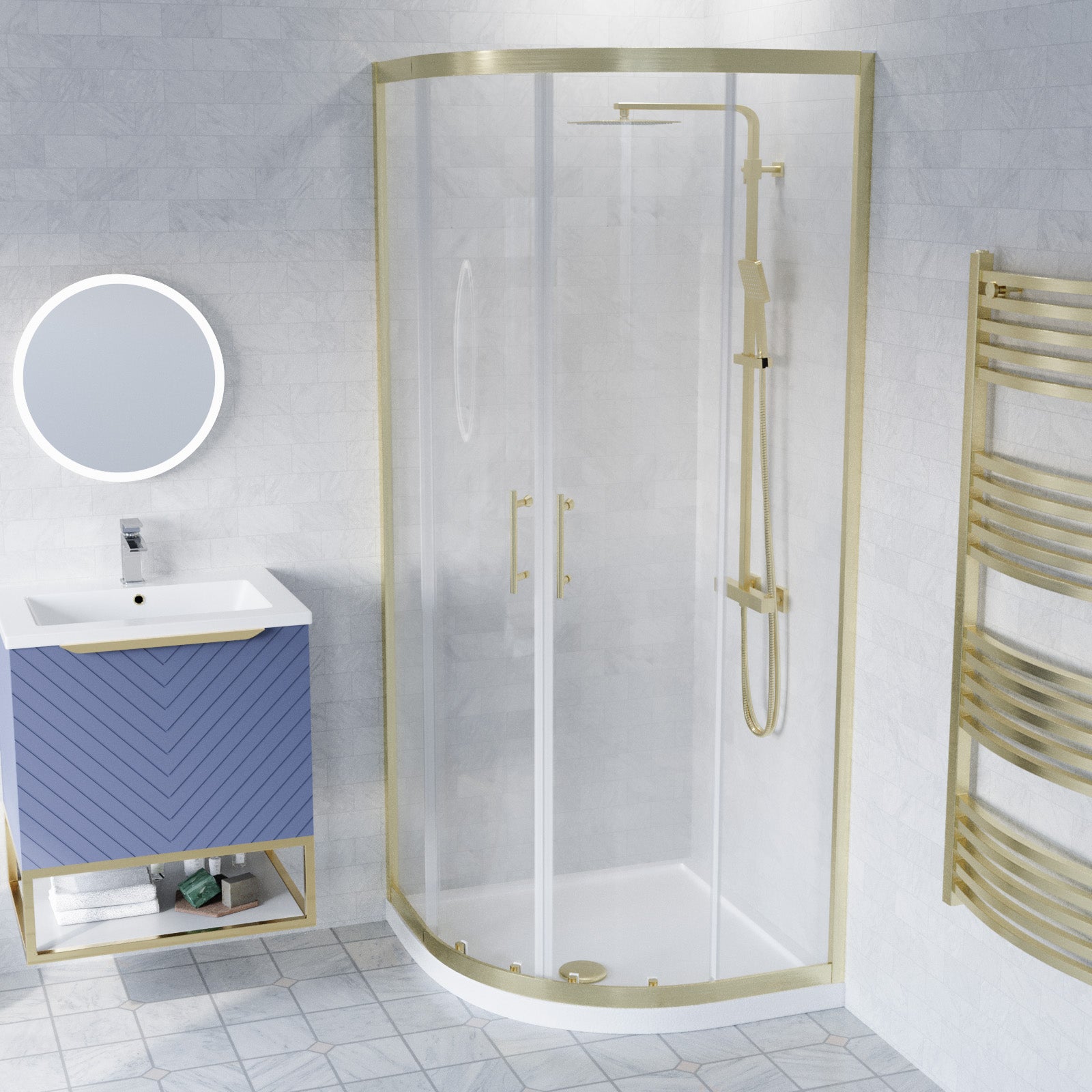 Roxy Blue 600mm Basin Vanity, Brushed Brass Quadrant Shower & Toilet