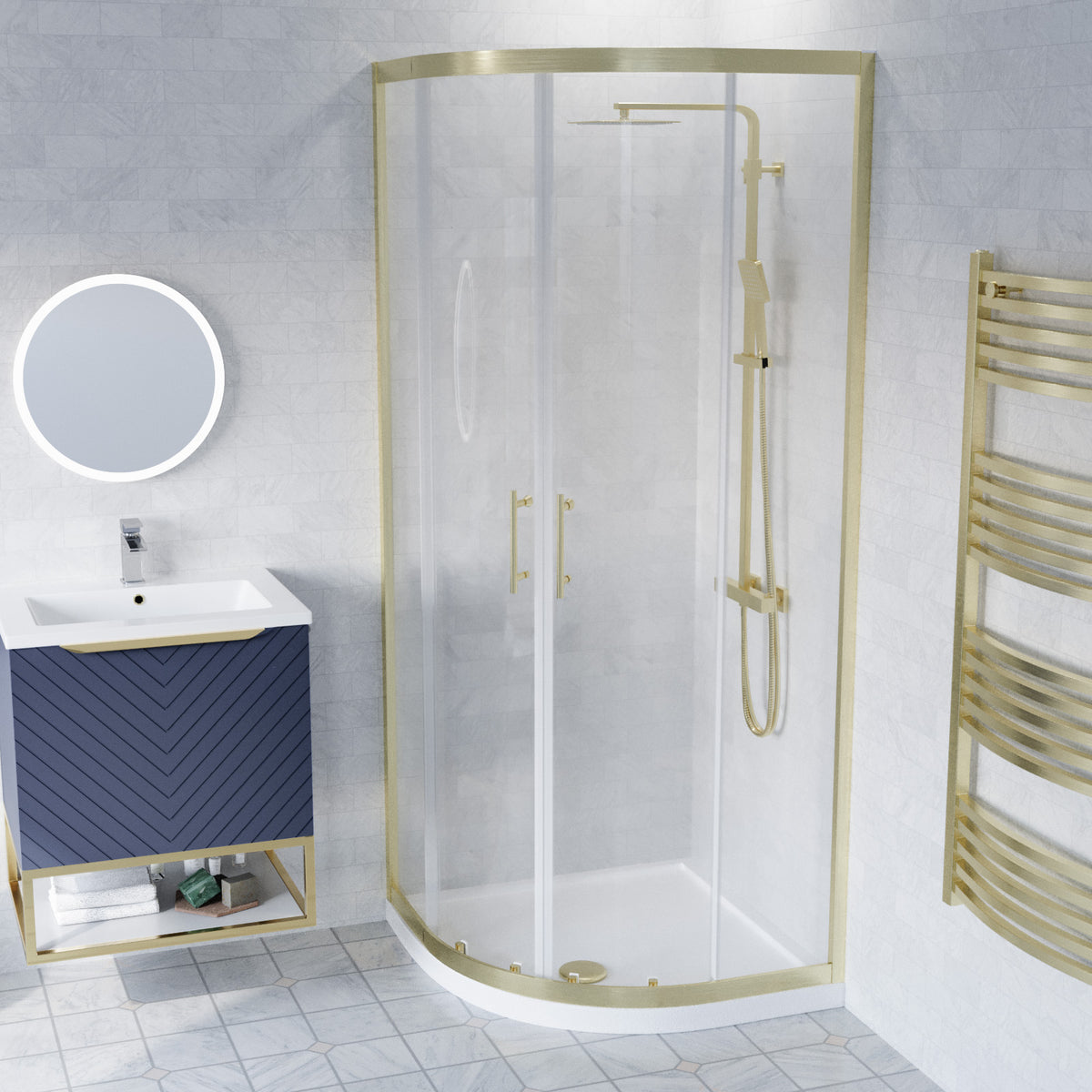 Roxy Blue 600mm Basin Vanity, Brushed Brass Quadrant Shower & Toilet