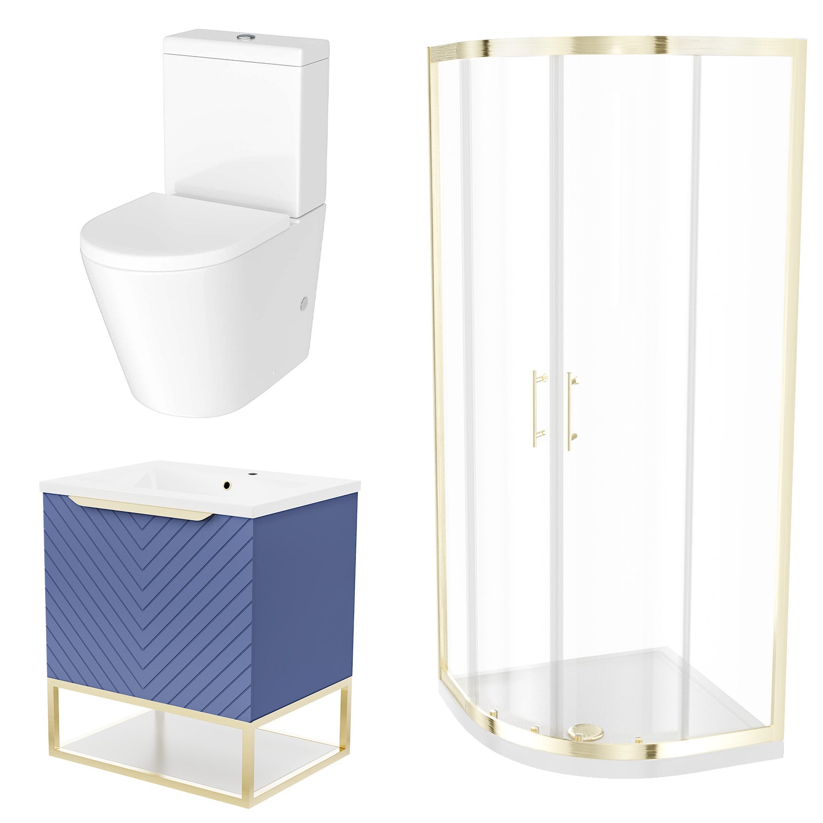 Roxy Blue 600mm Basin Vanity, Brushed Brass Quadrant Shower & Toilet