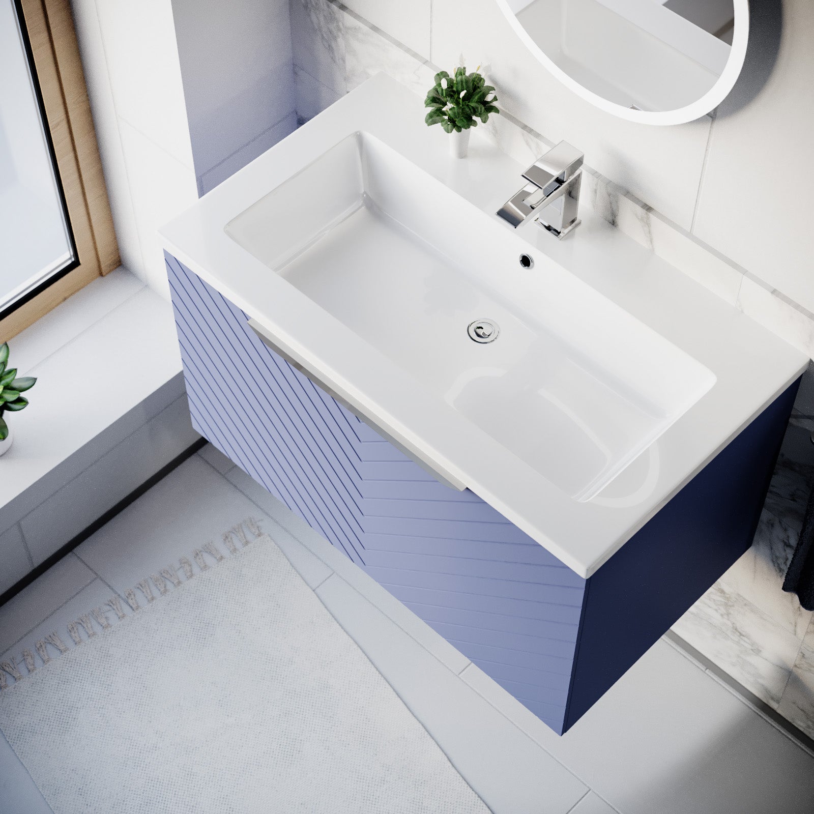 800mm Wall Hung Vanity Double Drawers Matte Blue with Basin and Silver Handle