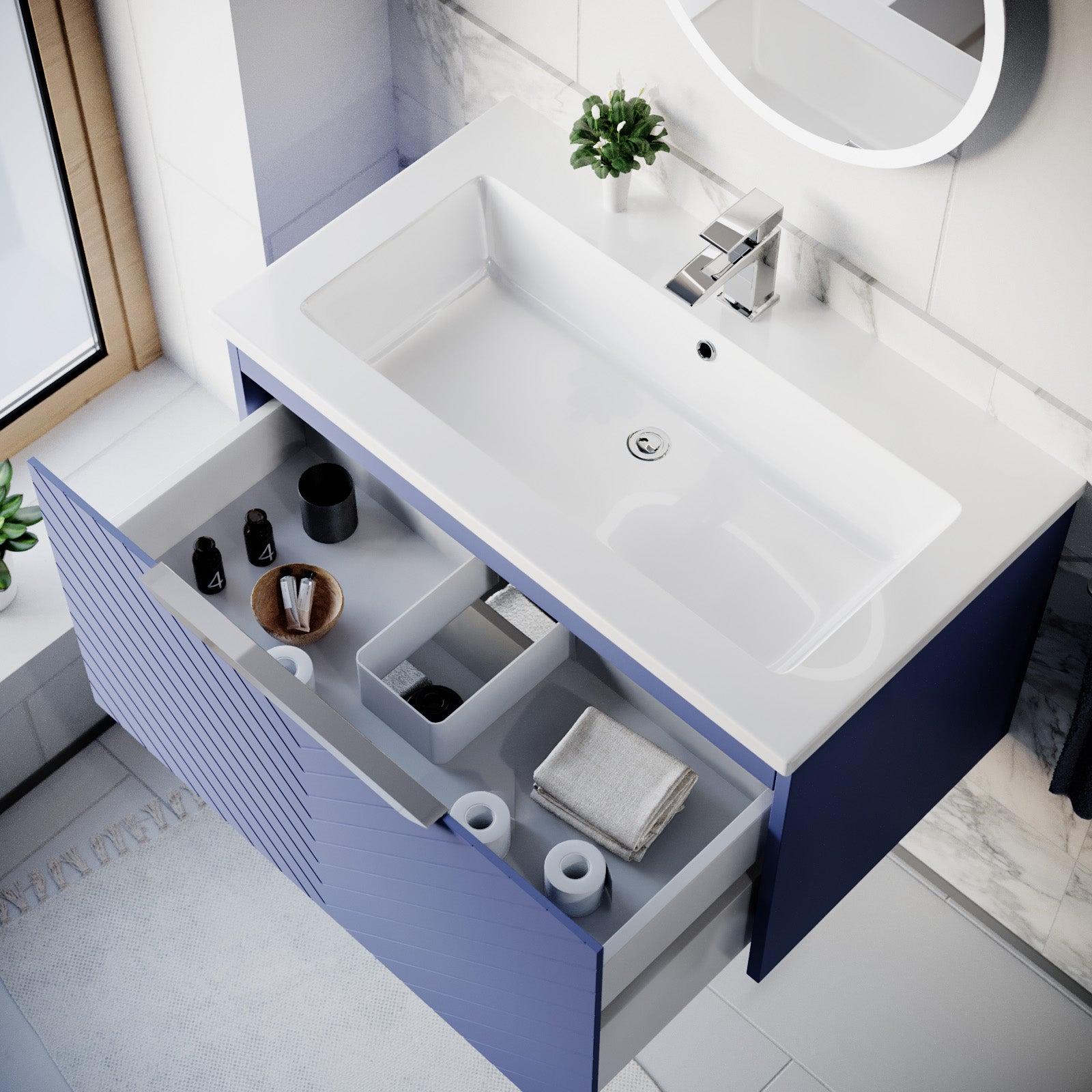 800mm Wall Hung Vanity Double Drawers Matte Blue with Basin and Silver Handle