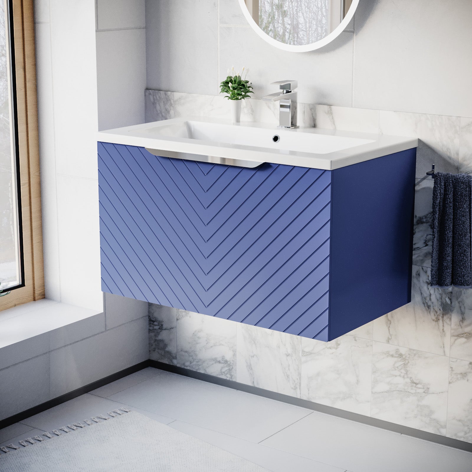 800mm Wall Hung Vanity Double Drawers Matte Blue with Basin and Silver Handle