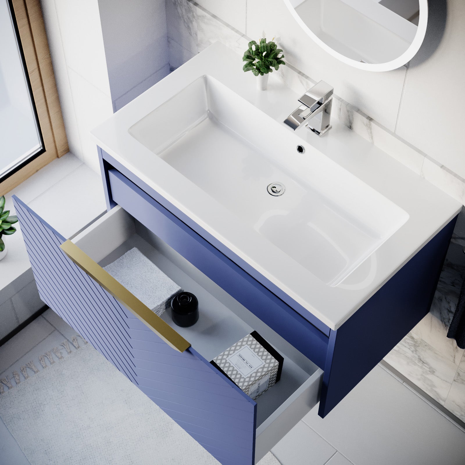 Roxy 800mm Wall Hung Blue Drawers Basin Vanity Brushed Brass Handle