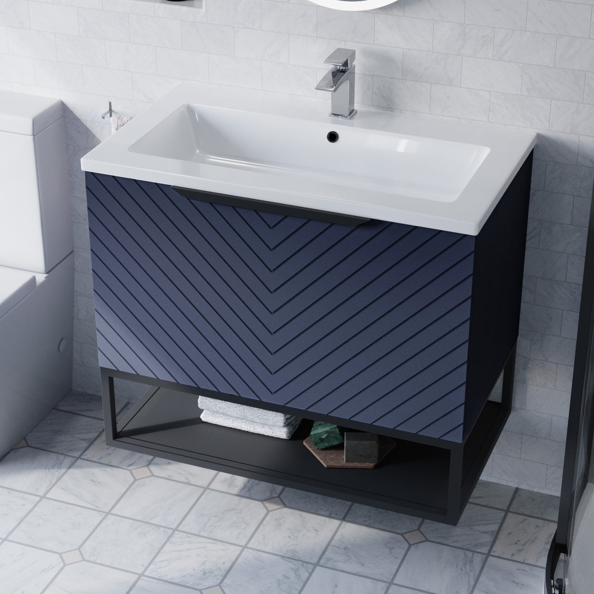 Roxy Blue 800mm Basin Vanity With Black Frame & Close Coupled Toilet