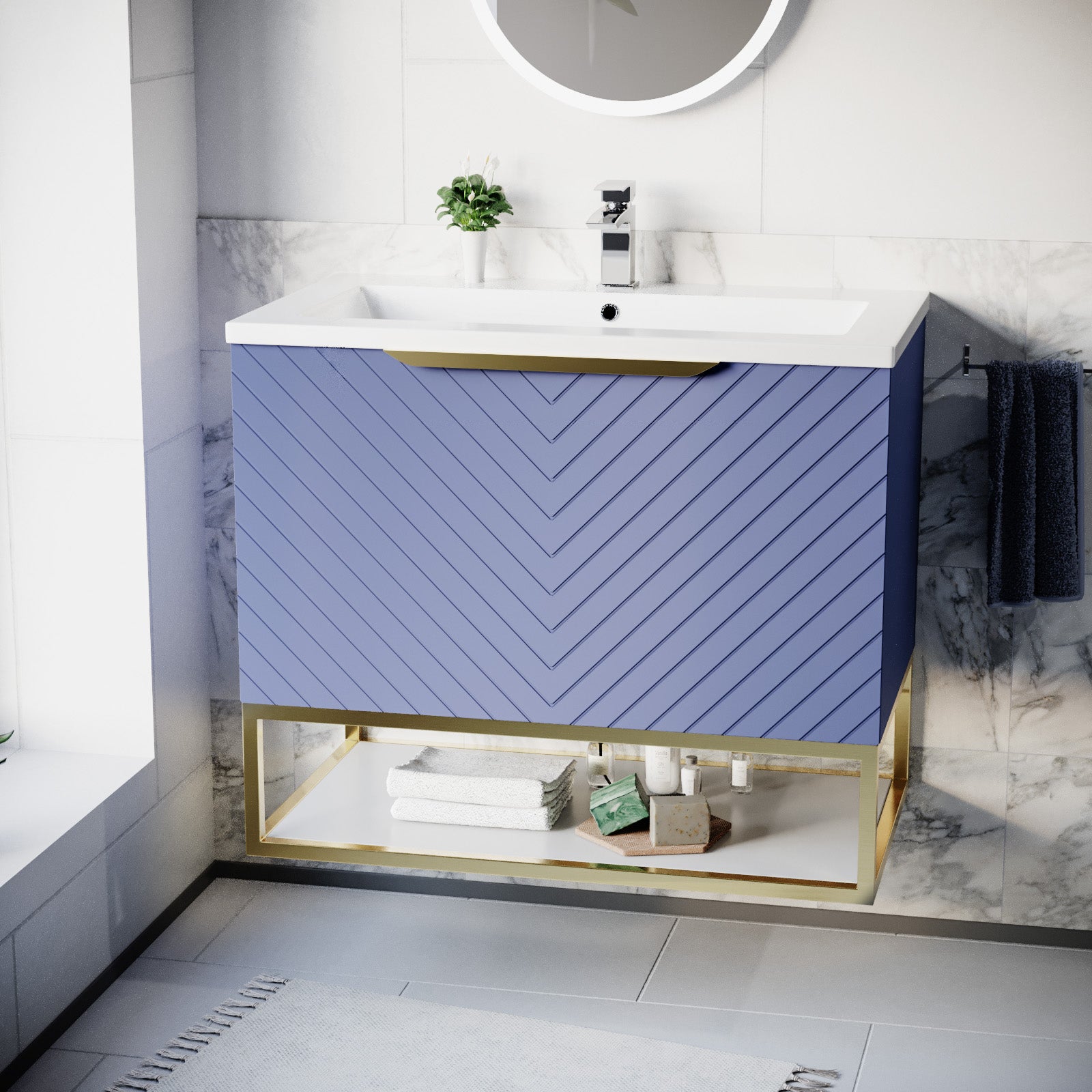 Roxy 800mm Wall Hung Blue Drawers Basin Vanity Brushed Brass Frame & Handle