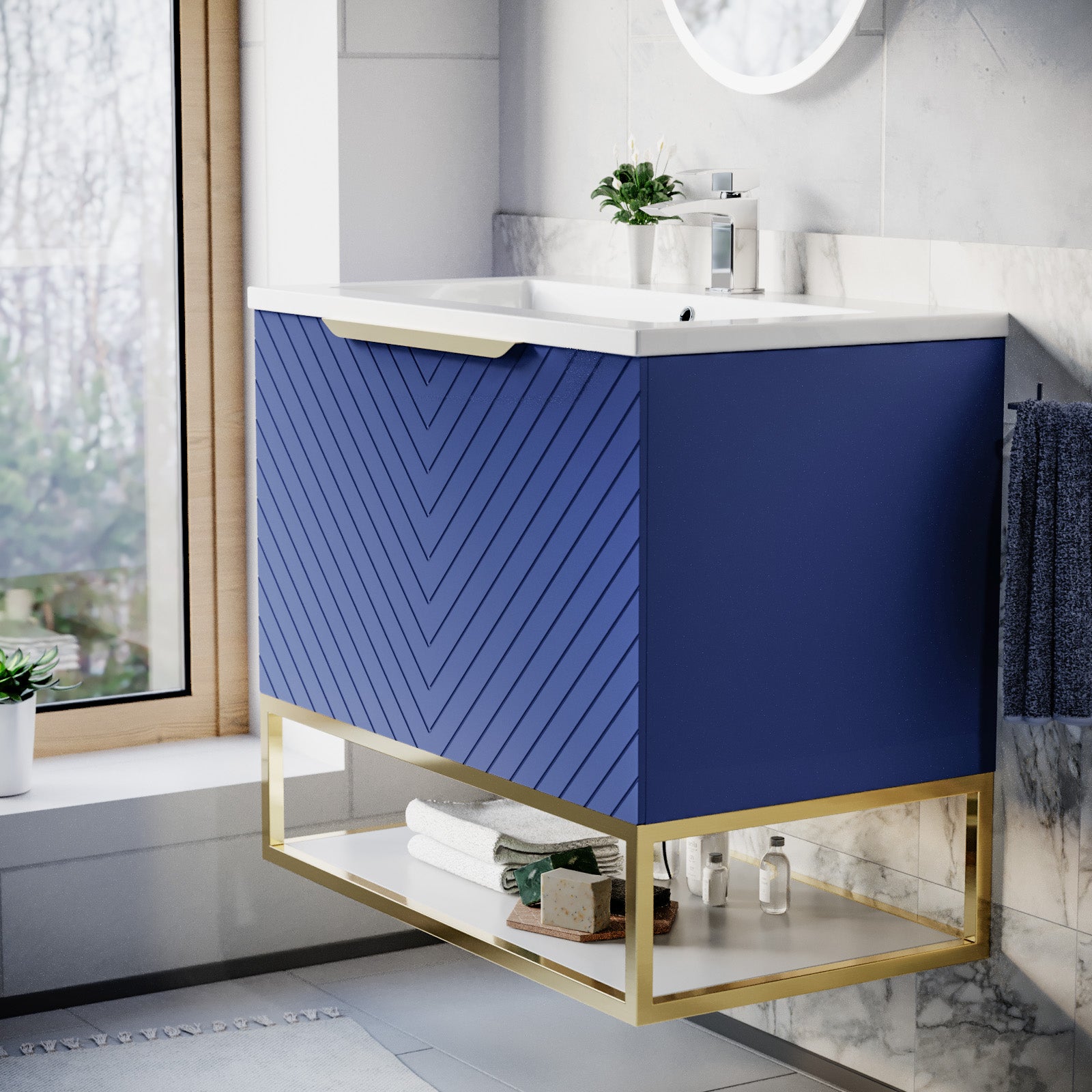 Roxy 800mm Wall Hung Blue Drawers Basin Vanity Brushed Brass Frame & Handle