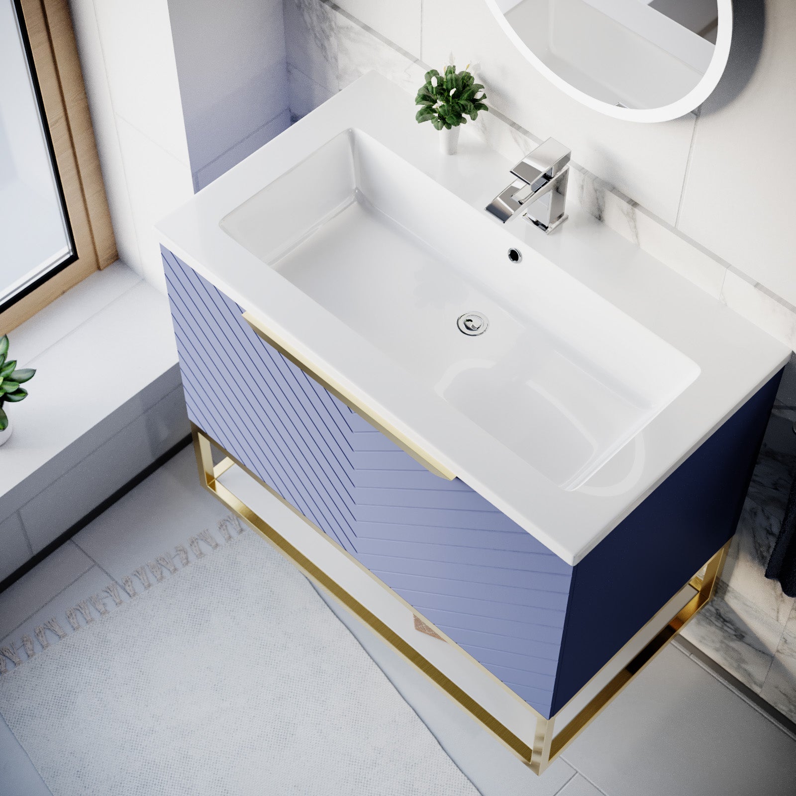 Roxy 800mm Wall Hung Blue Drawers Basin Vanity Brushed Brass Frame & Handle