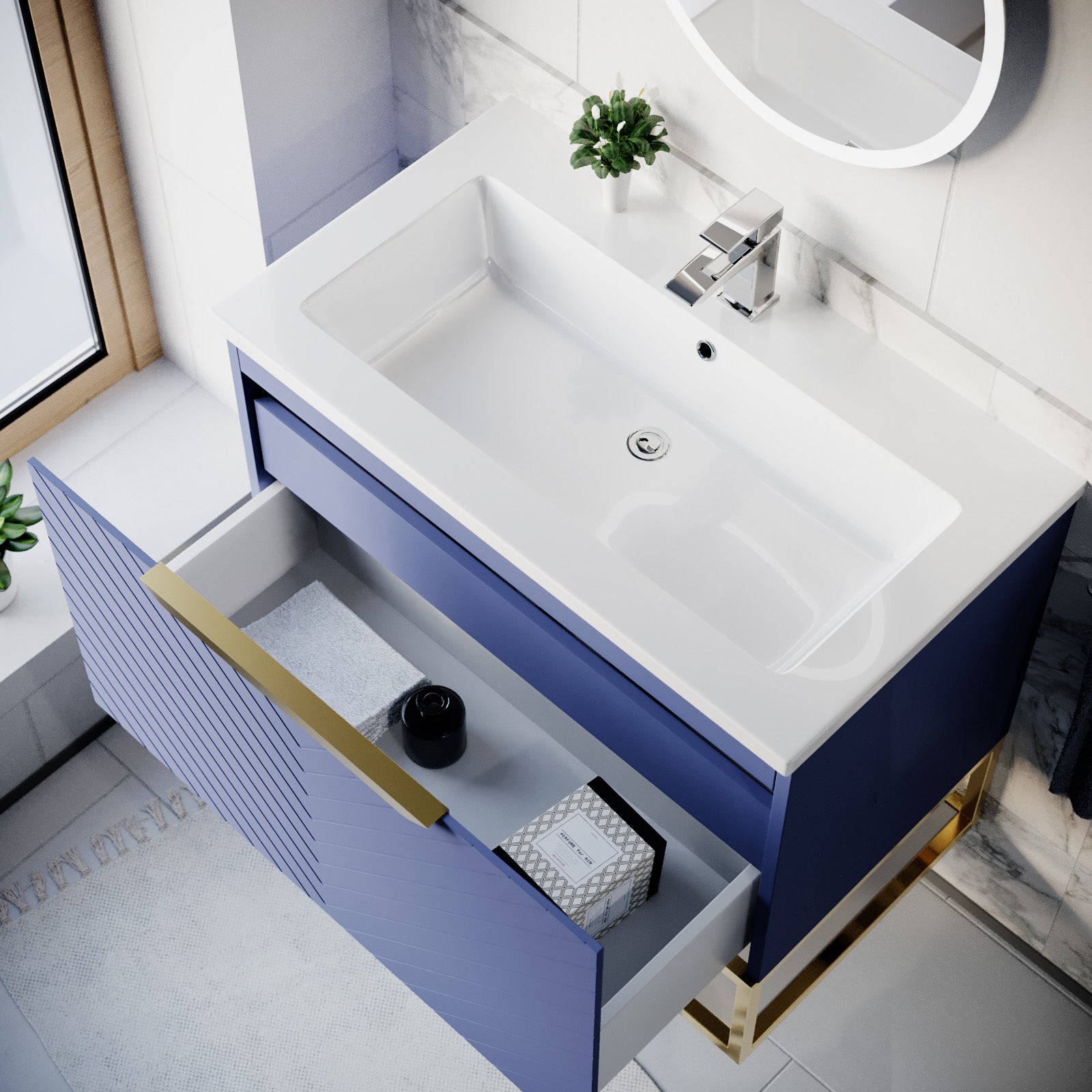 Roxy 800mm Wall Hung Blue Drawers Basin Vanity Brushed Brass Frame & Handle