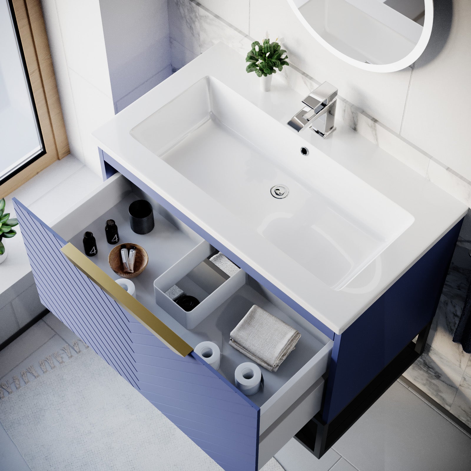 Roxy 800mm Wall Hung Blue Drawers Basin Vanity Brushed Brass Frame & Handle