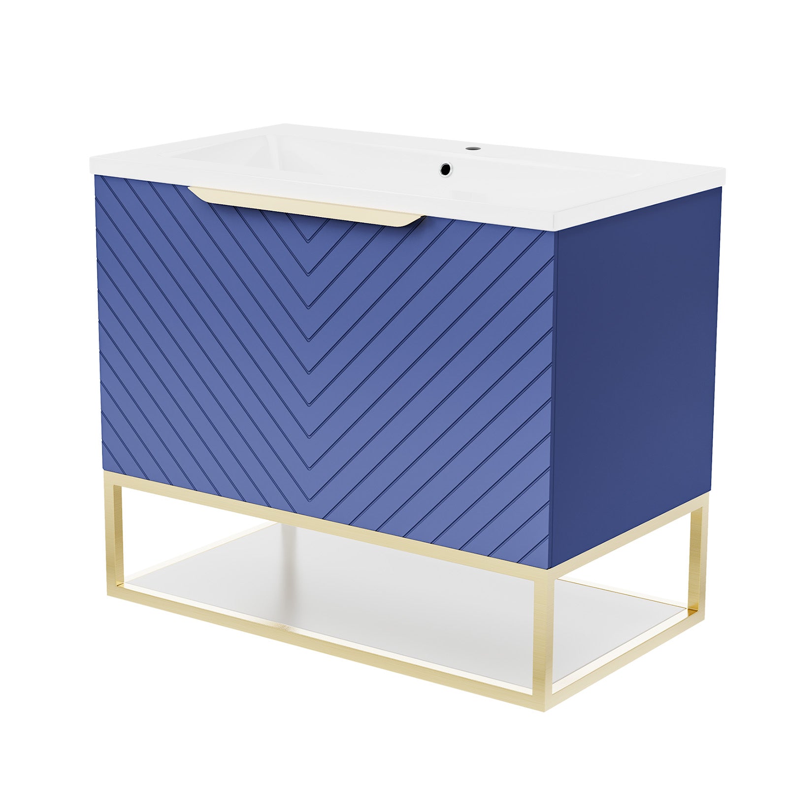 Roxy 800mm Wall Hung Blue Drawers Basin Vanity Brushed Brass Frame & Handle