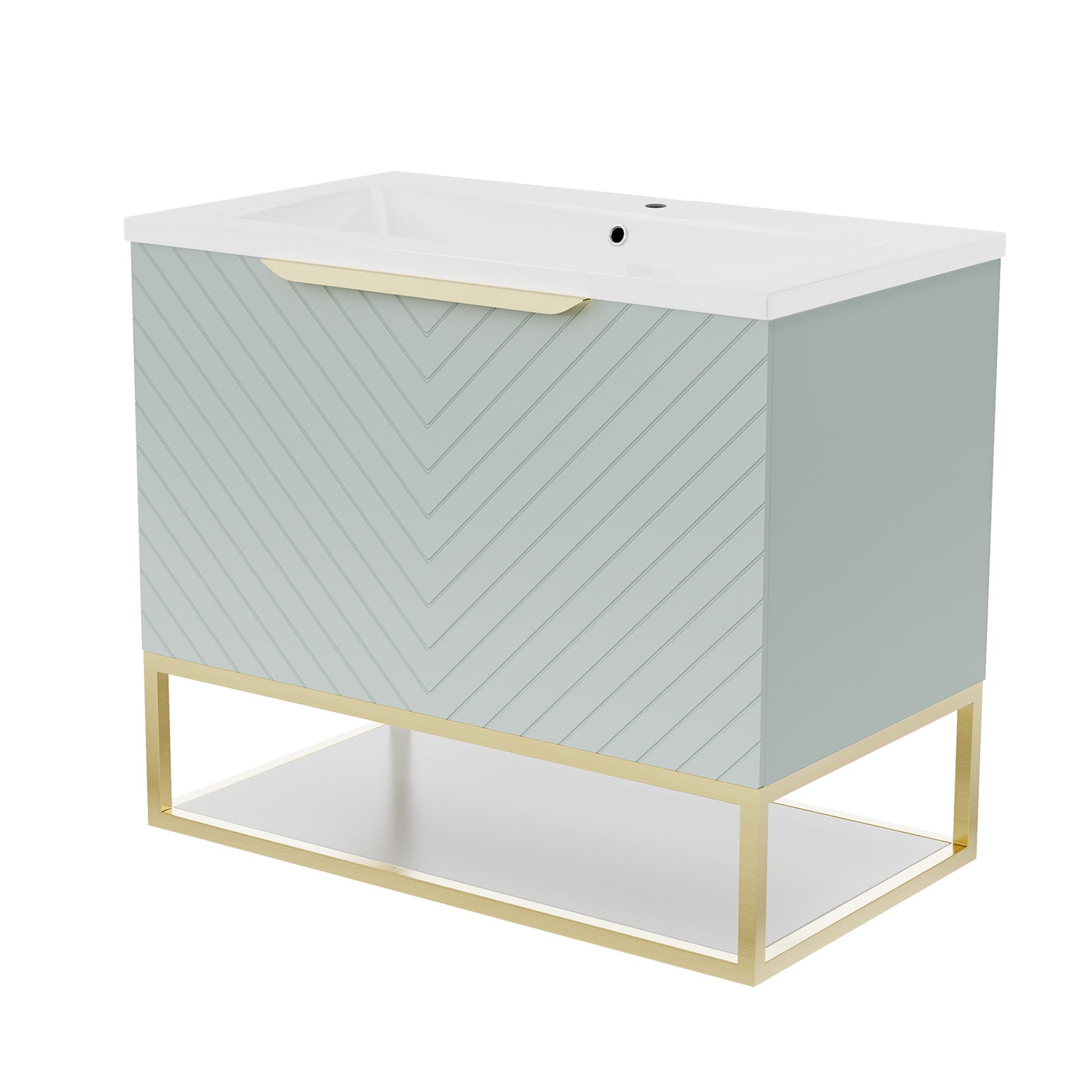 Roxy 800mm Wall Hung Green Drawers Basin Vanity Brushed Brass Frame & Handle