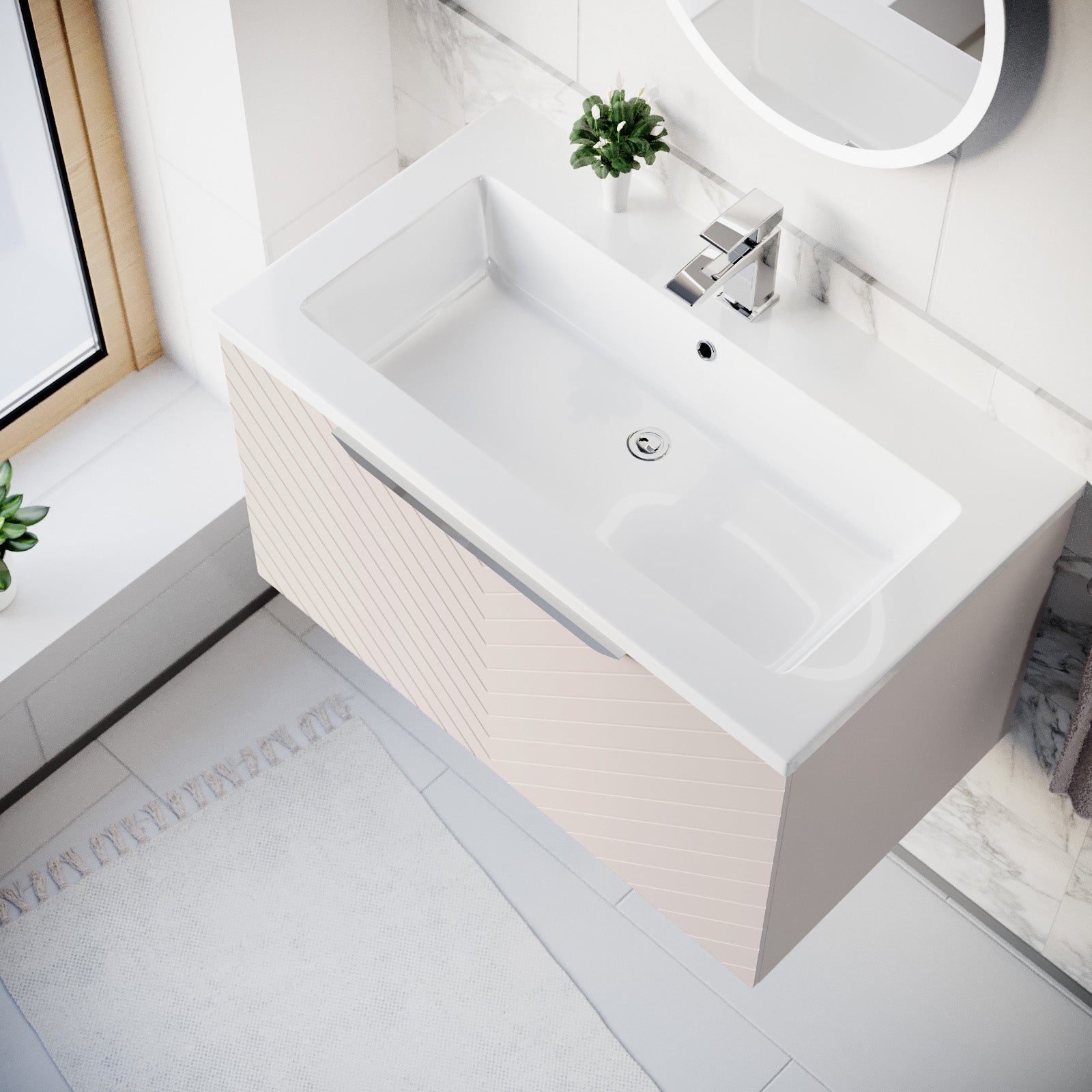 800mm Wall Hung Vanity Double Drawers Matte Pink with Basin and Silver Handle