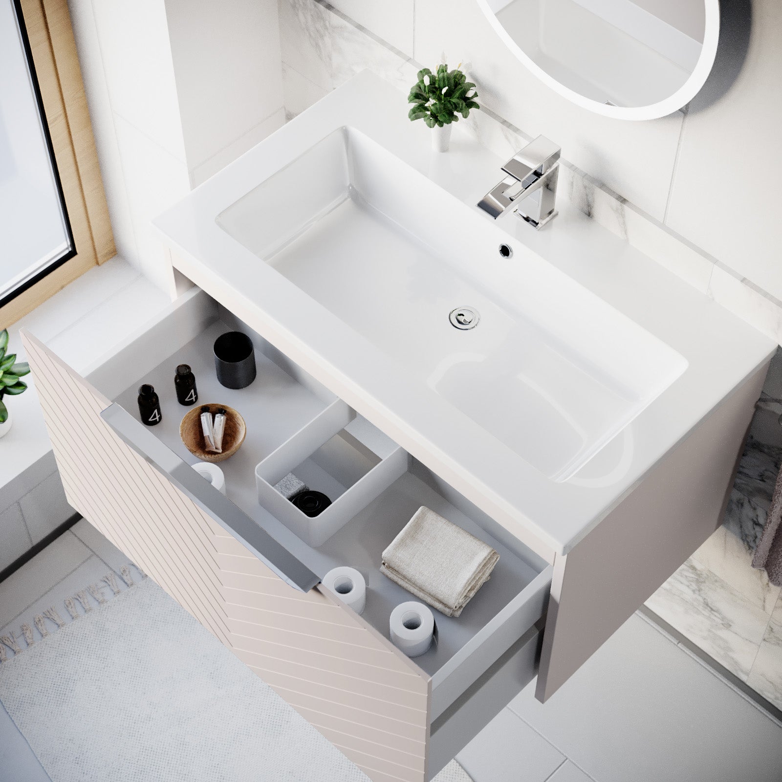 800mm Wall Hung Vanity Double Drawers Matte Pink with Basin and Silver Handle