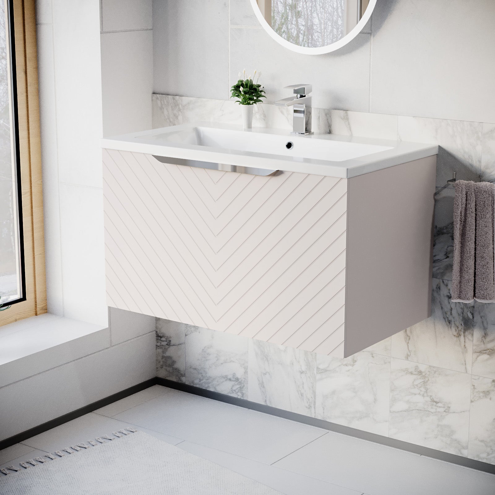 800mm Wall Hung Vanity Double Drawers Matte Pink with Basin and Silver Handle