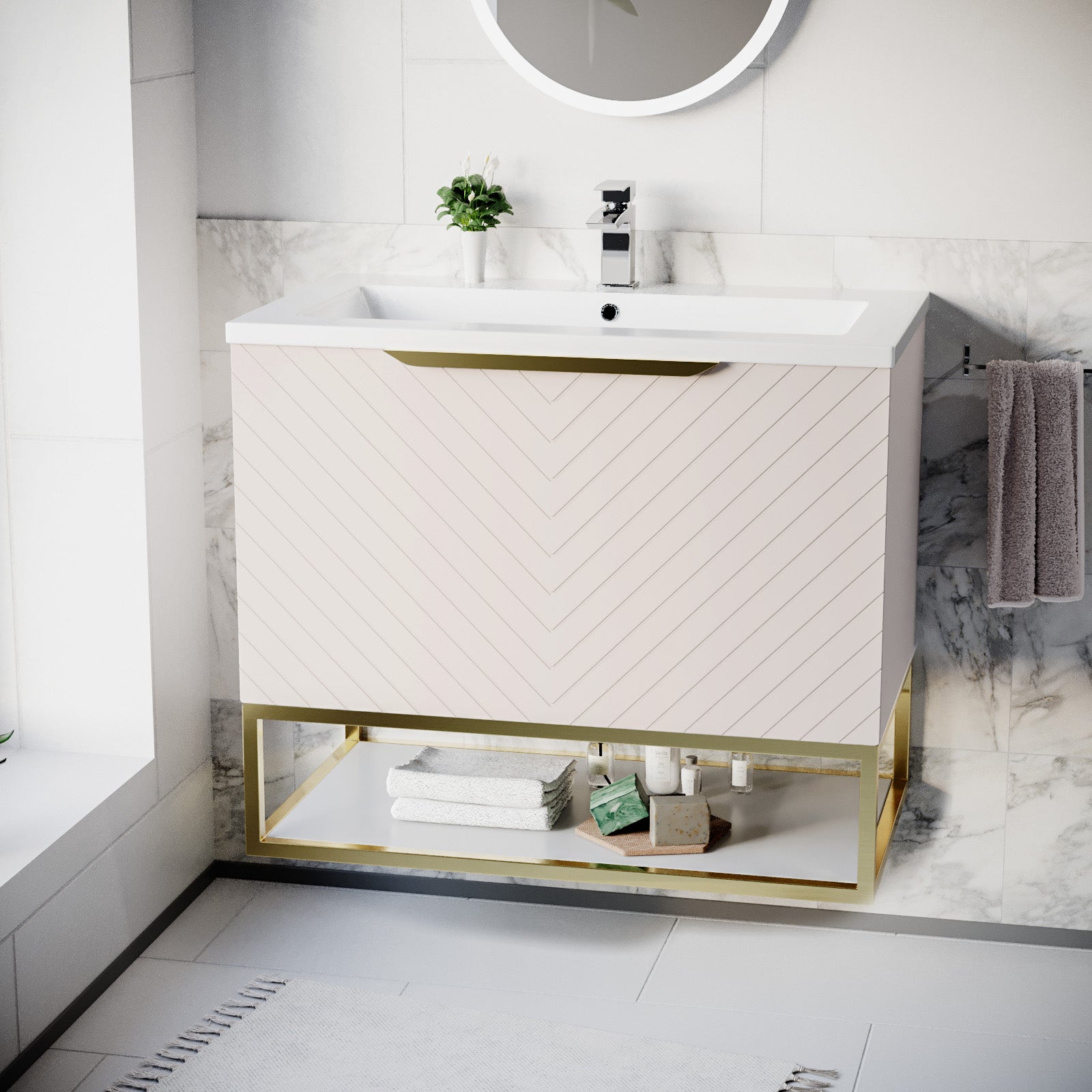 Roxy 800mm Wall Hung Pink Drawers Basin Vanity Brushed Brass Frame & Handle