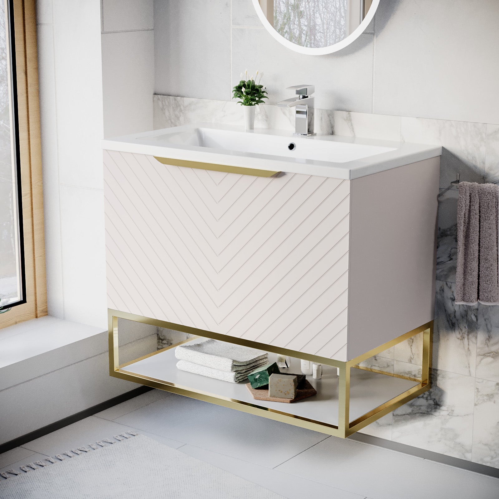 Roxy 800mm Wall Hung Pink Drawers Basin Vanity Brushed Brass Frame & Handle