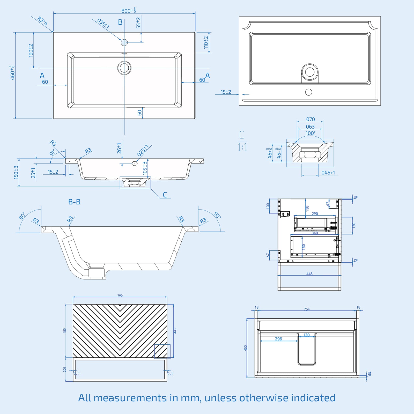 Roxy 800mm Wall Hung Blue Drawers Basin Vanity Brushed Brass Frame & Handle