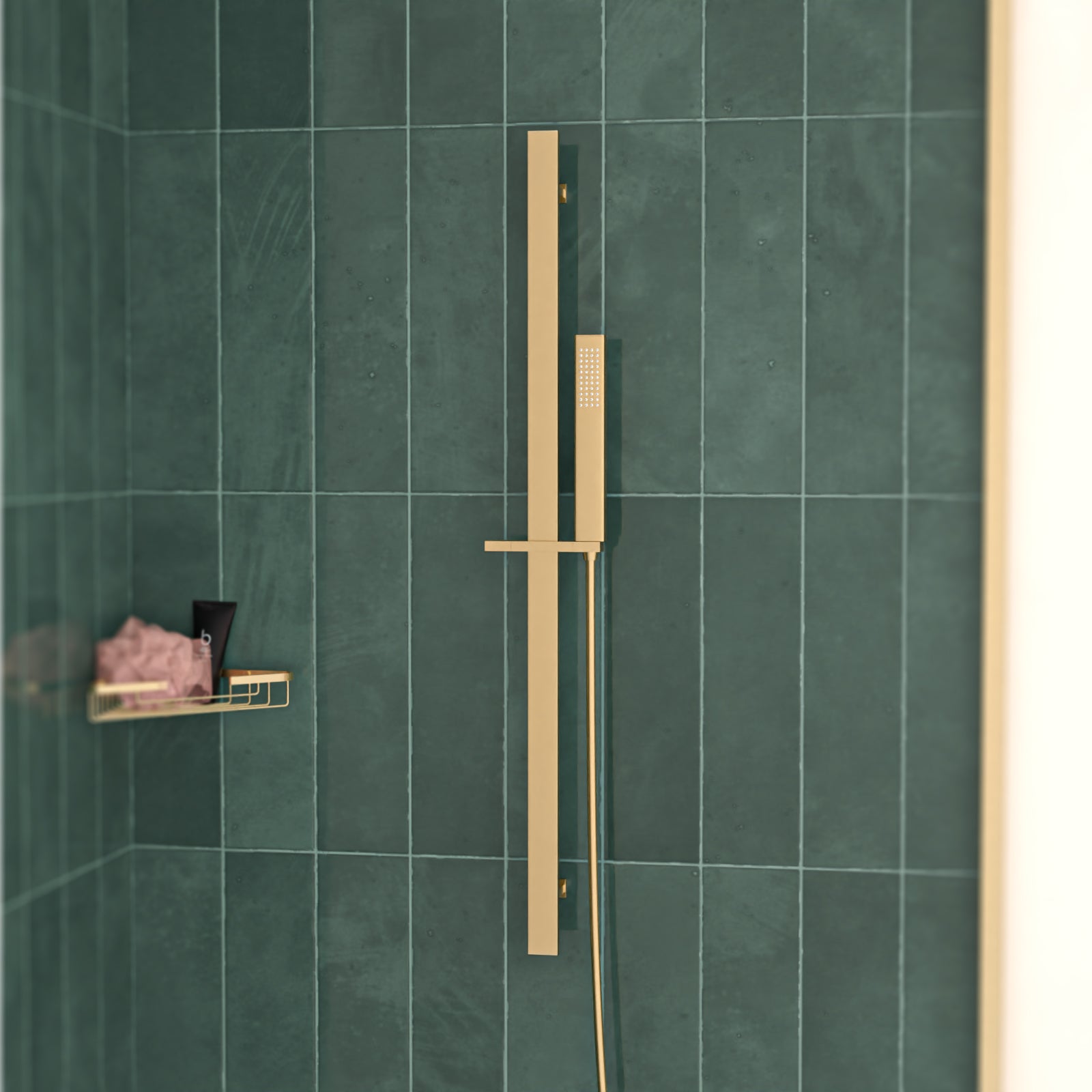 Brushed Brass Square Wall Mounted Slider Rail Shower Kit With Handset