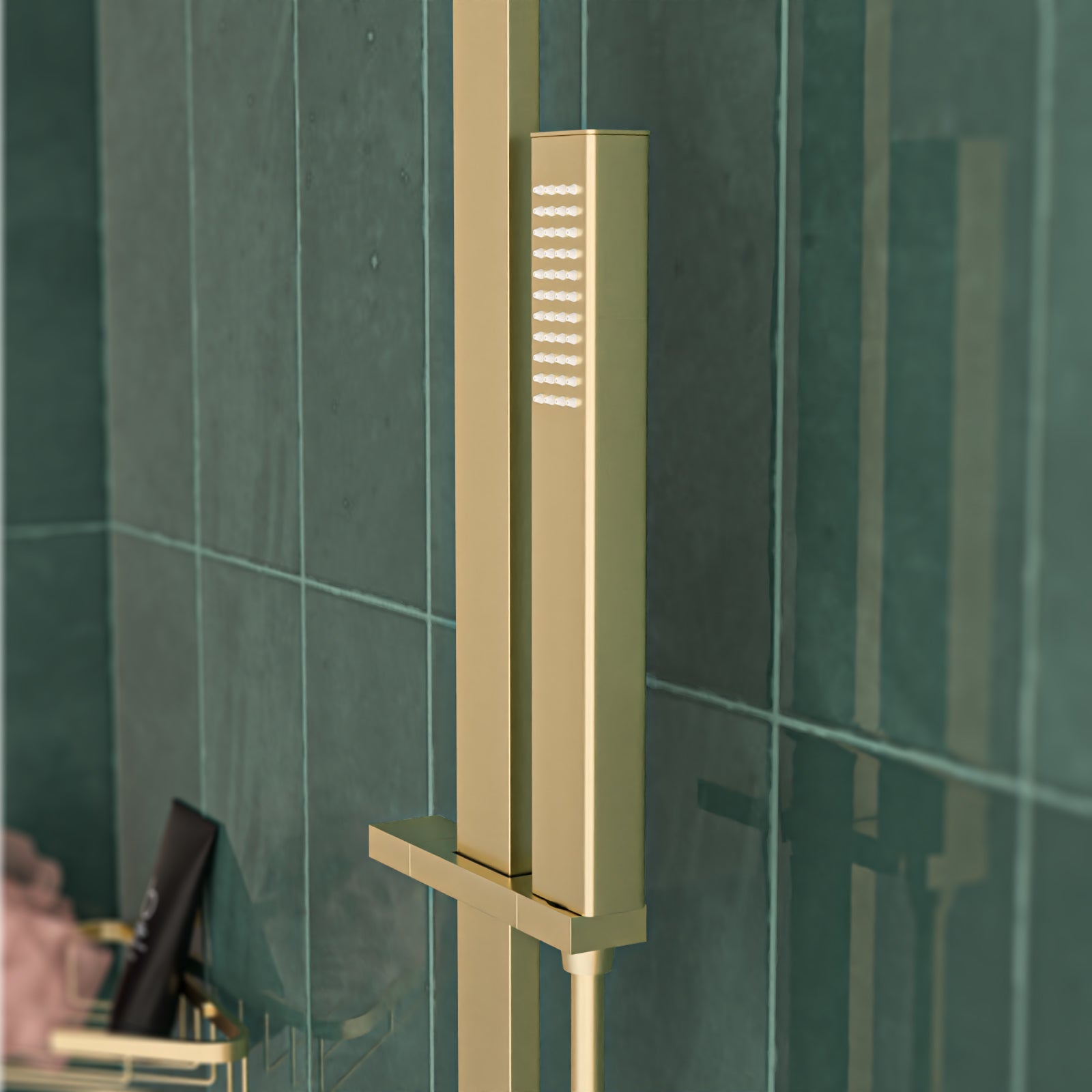 Brushed Brass Square Wall Mounted Slider Rail Shower Kit With Handset