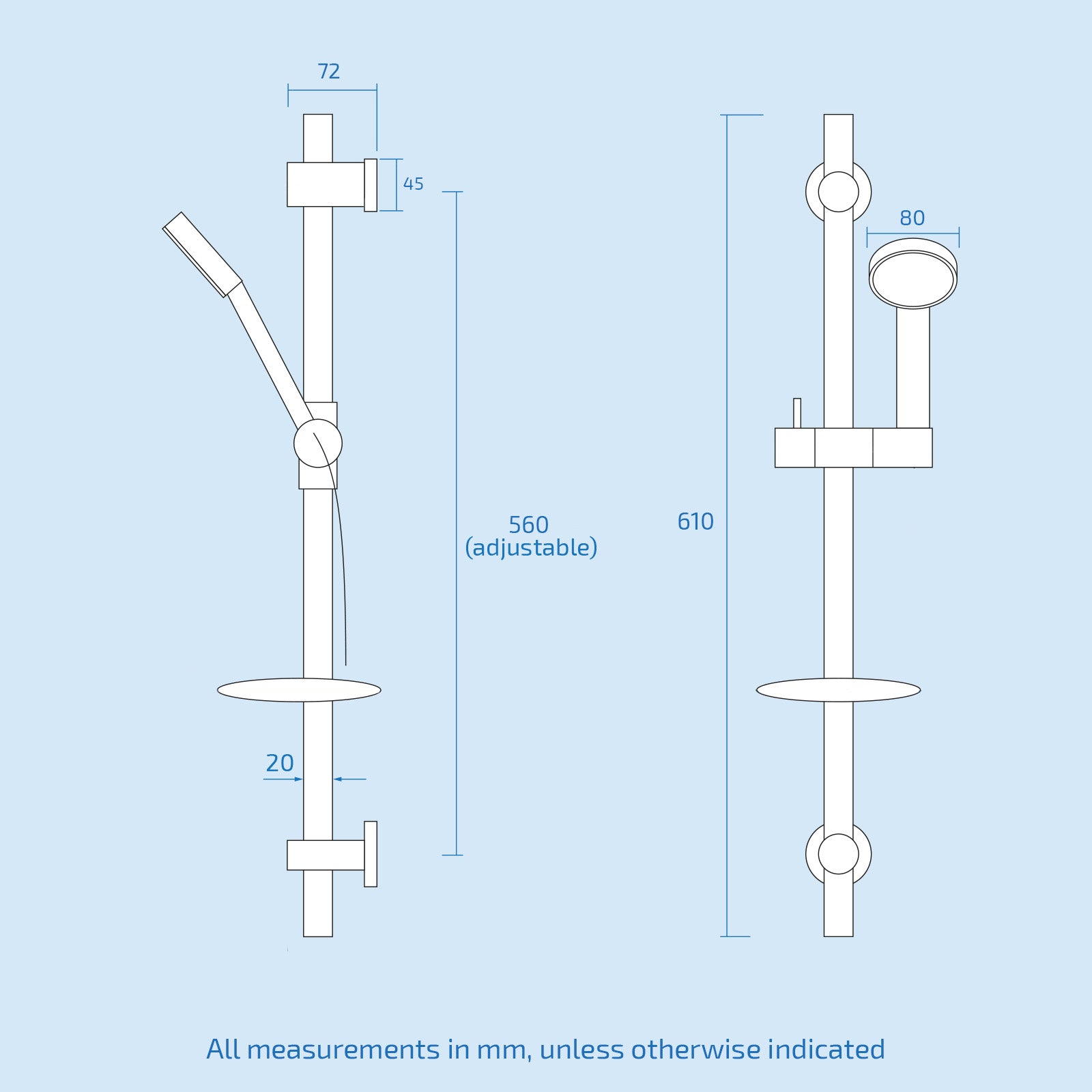Modern Chrome Exposed Round Shower With Soap Tray Riser Rail Kit
