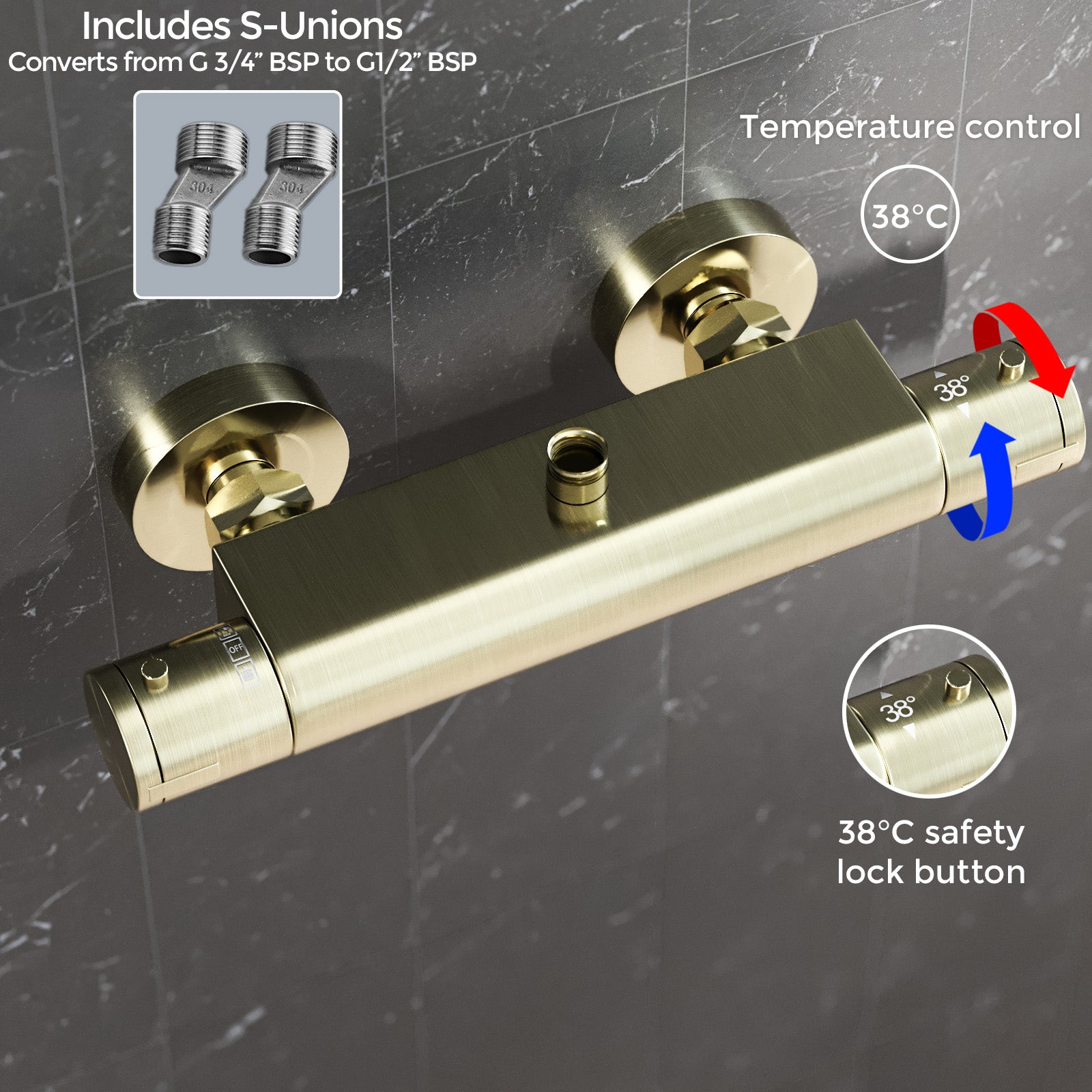 Round Brushed Brass Exposed Thermostatic Shower Mixer Bar Valve