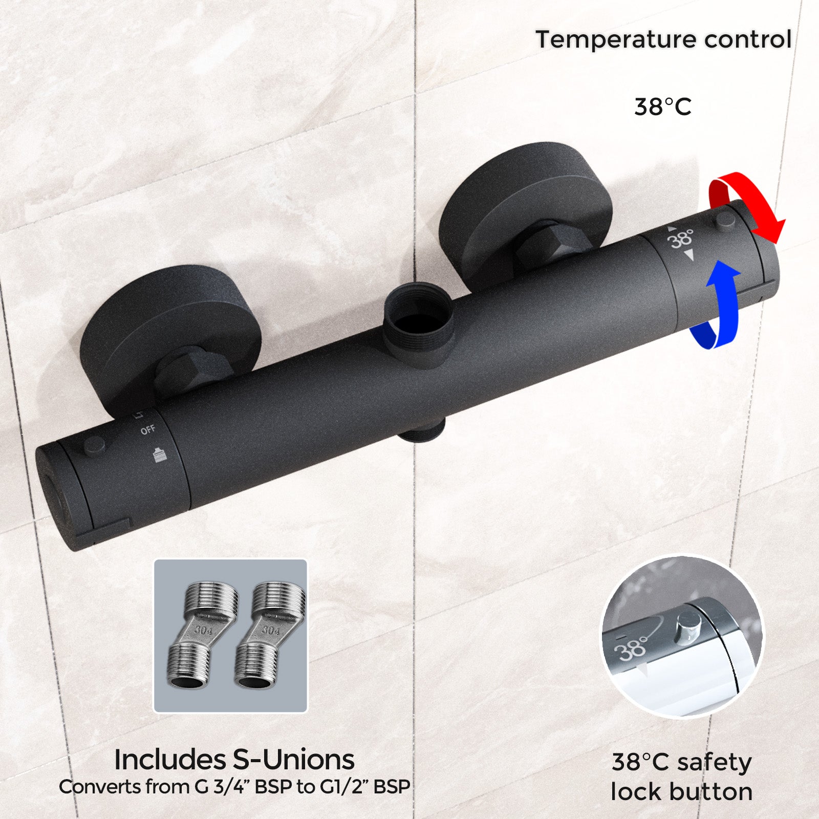 Modern Matte Black Round Exposed Thermostatic Shower Mixer Bar Valve