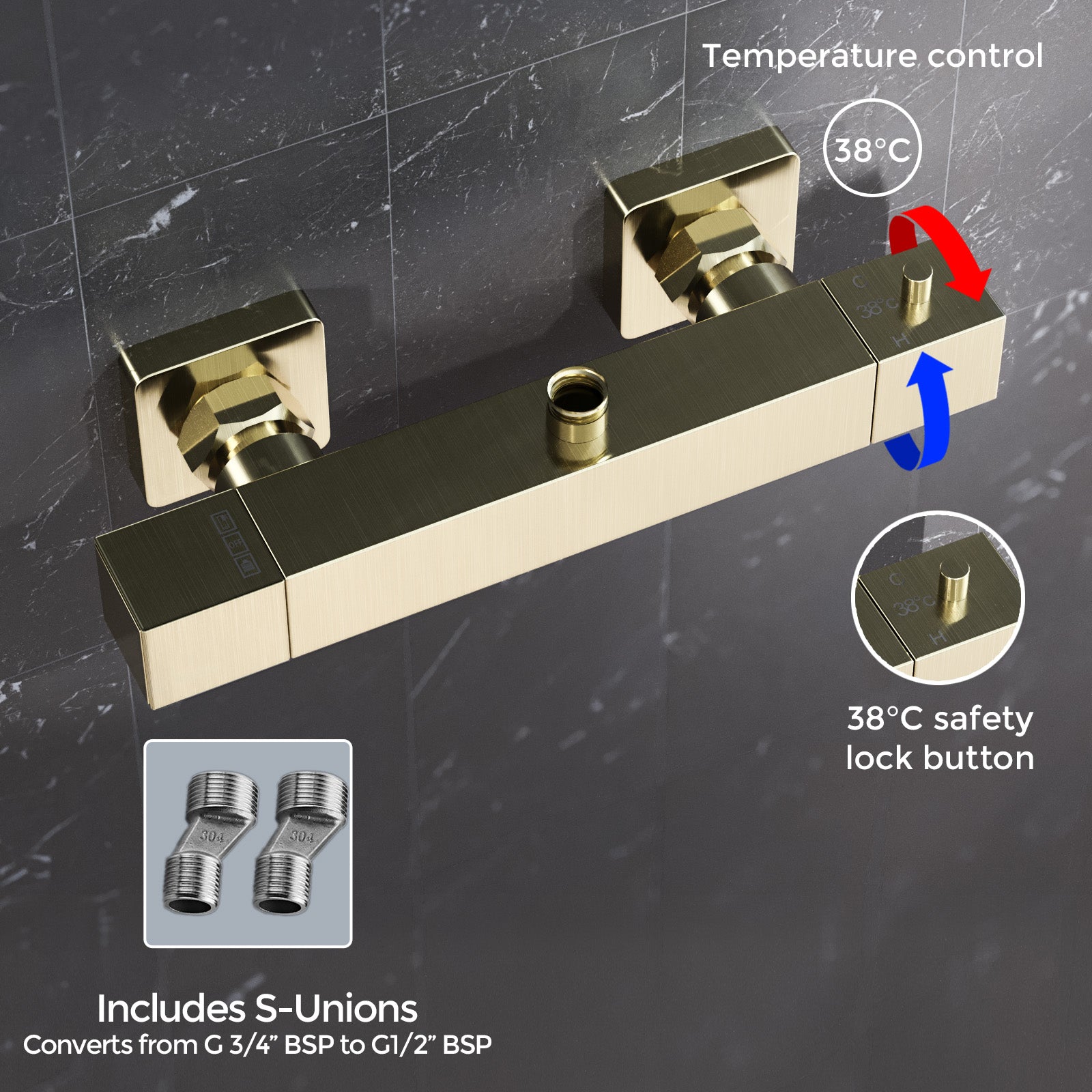 Square Brushed Brass Exposed Thermostatic Shower Mixer Bar Valve