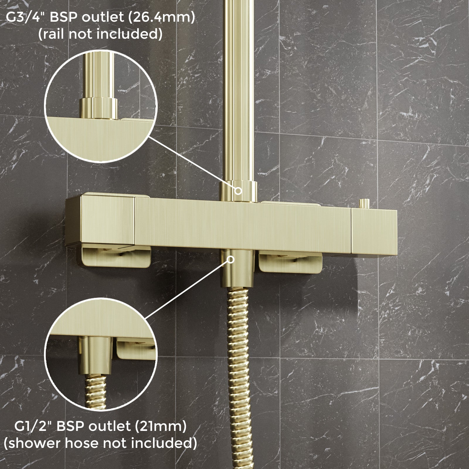 Square Brushed Brass Exposed Thermostatic Shower Mixer Bar Valve