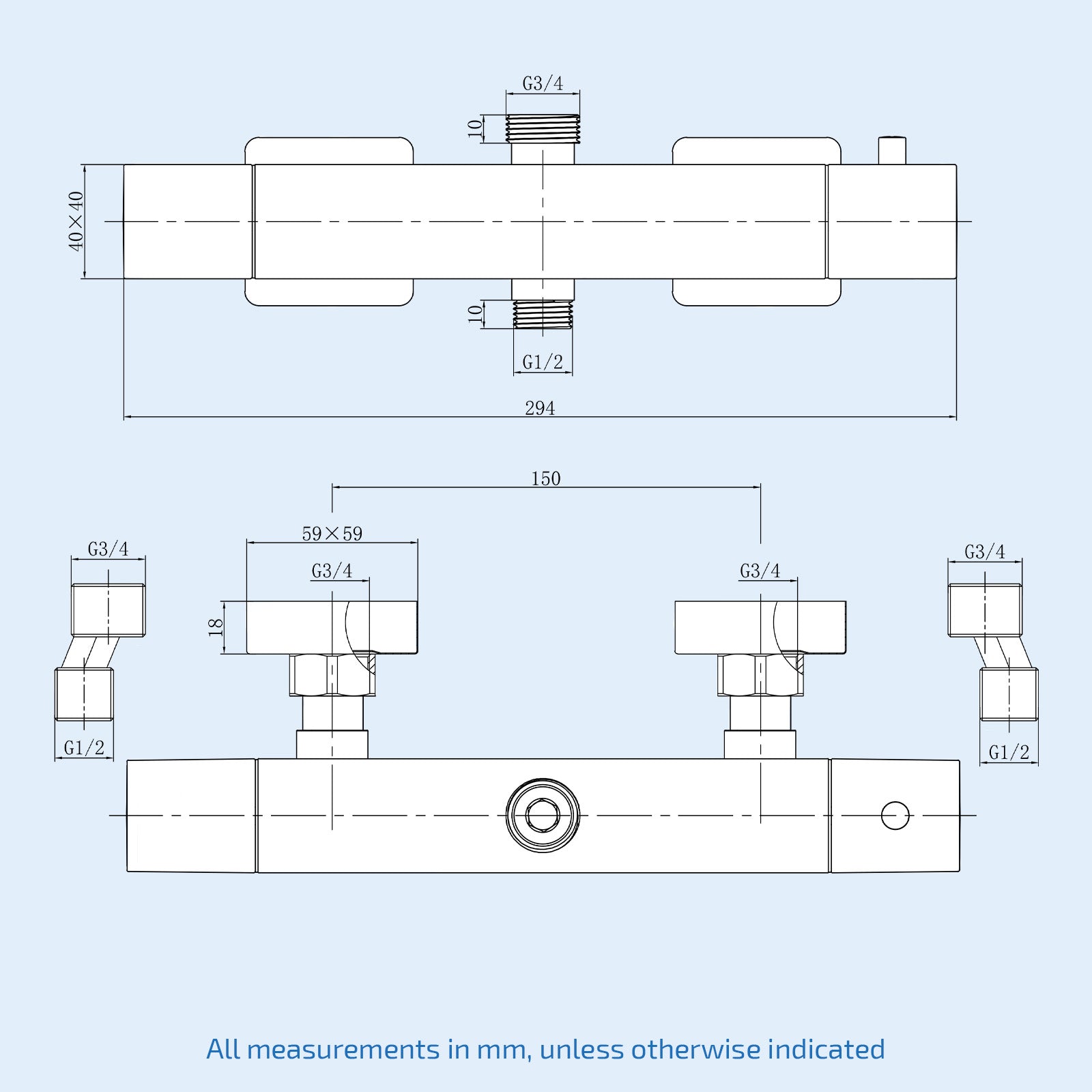Square Brushed Brass Exposed Thermostatic Shower Mixer Bar Valve